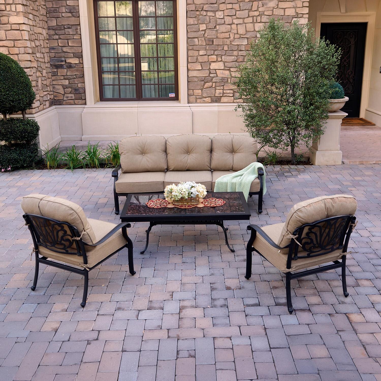 Darlee Elisabeth 4 Pc Cast Aluminum Patio Conversation Set w/ Mocha Granite Top Coffee Table & Beige Canvas Cushions - Set - Lifestyle thumbnail