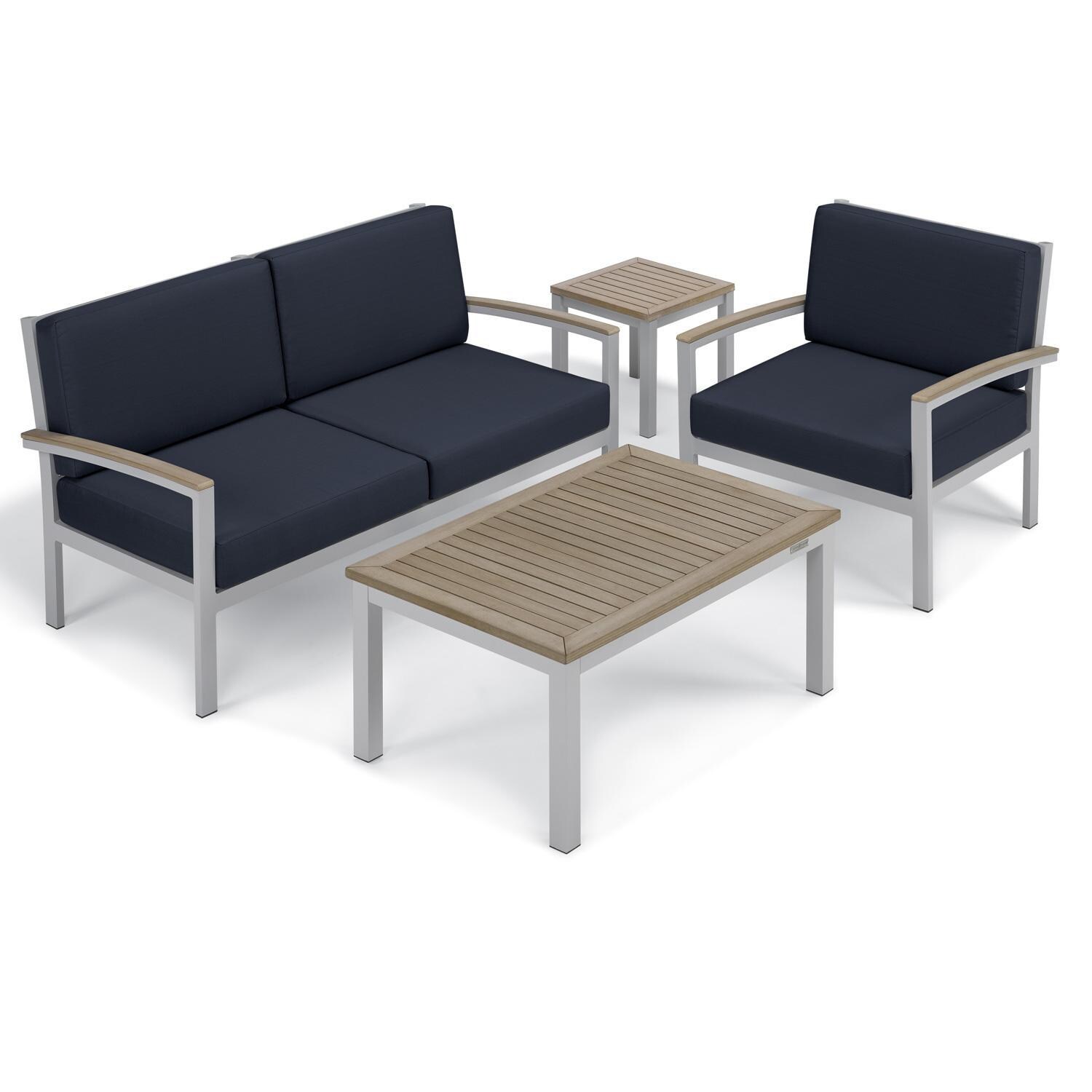 Oxford Garden Travira 2 Person Aluminum Loveseat W/ Vintage Tekwood Arm Caps in Flint/Midnight Blue - Seating Set thumbnail