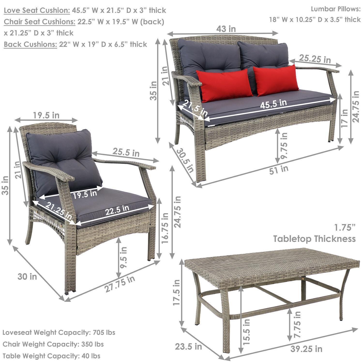 Ultimate Patio 4-Piece Resin Wicker Patio Conversation Set W/ Charcoal Cushions & Red Pillows - Dimensional thumbnail
