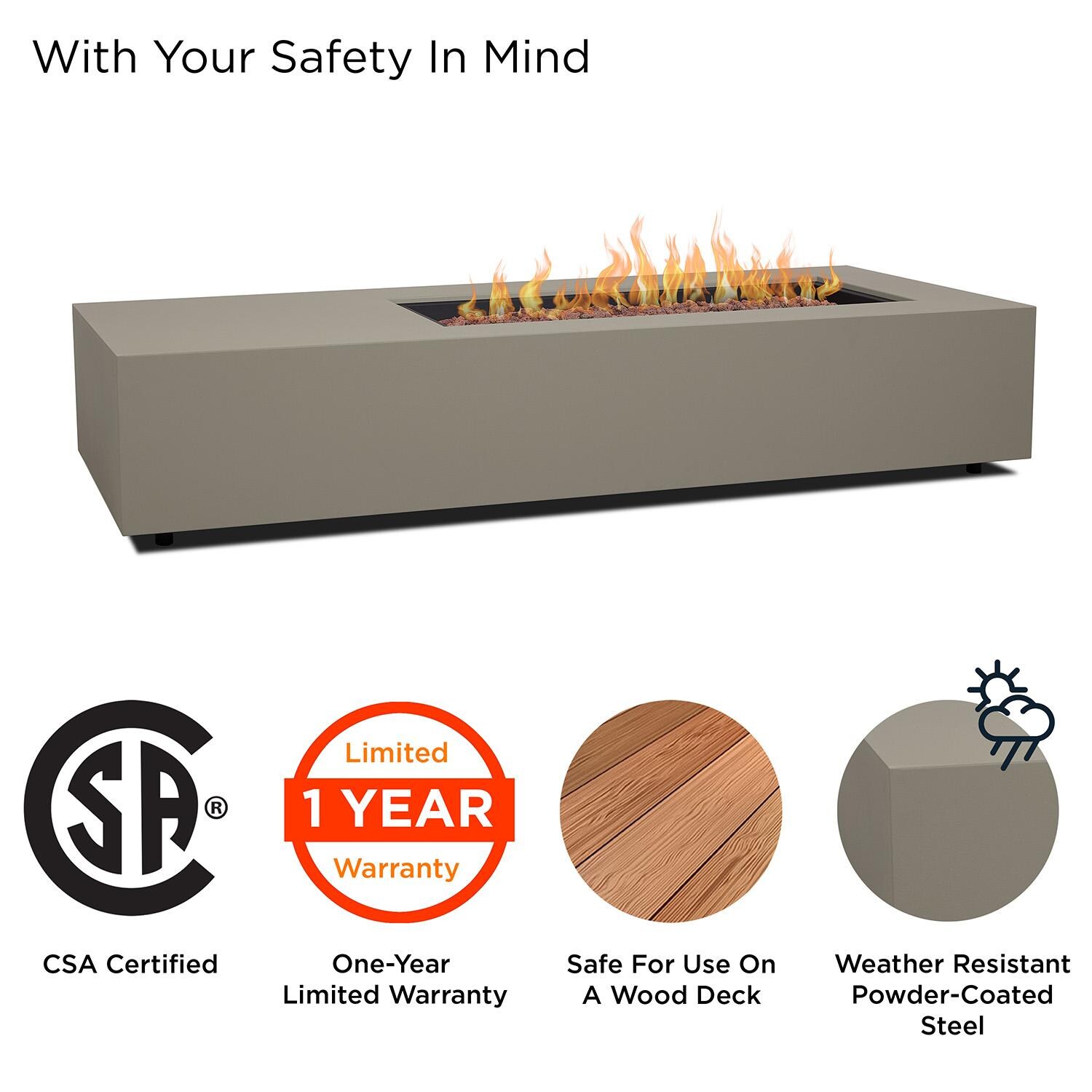 Elysian 75-in Rectangular Steel Propane Fire Pit Table in Mist Gray by Lakeview - Safety - Detail thumbnail