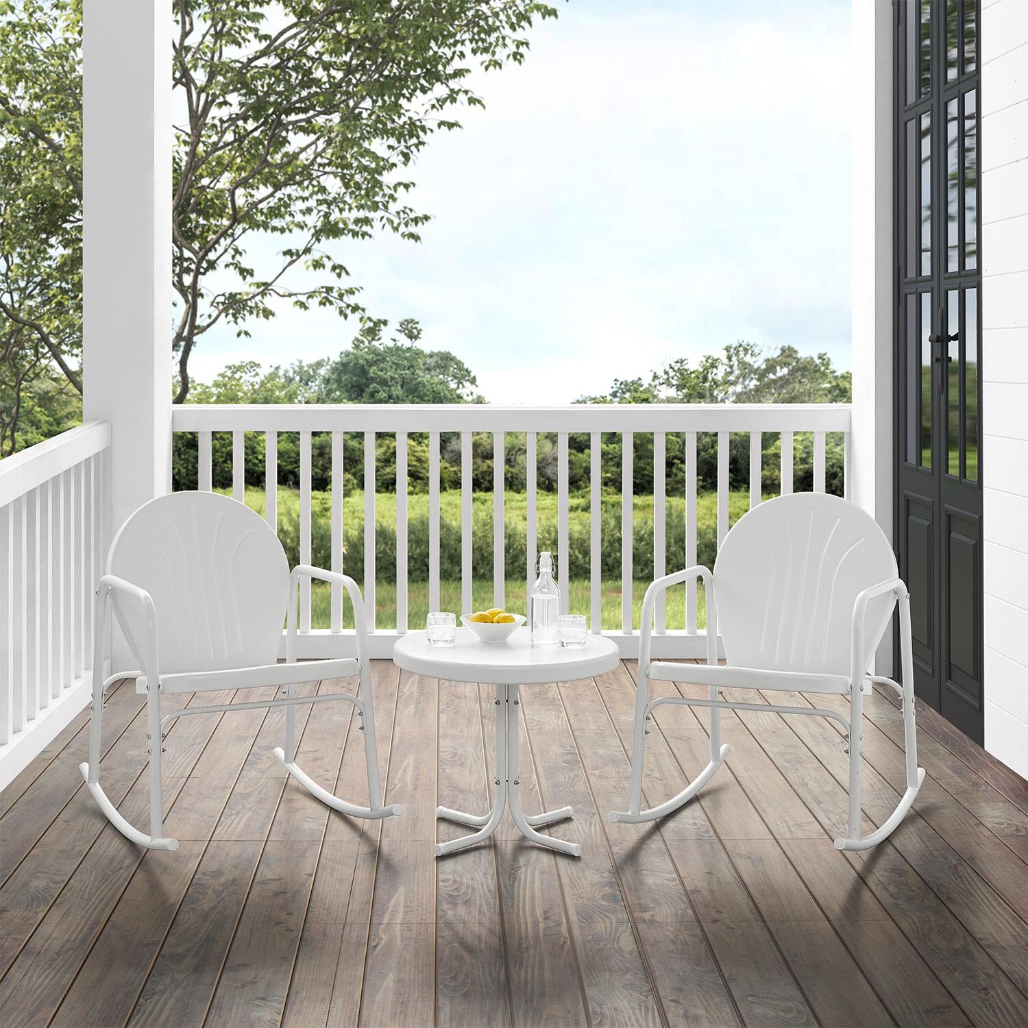 Ultimate Patio UP-32253WH 3Pc Retro Outdoor Rocking Chair Set in White Gloss - On Porch - Lifestyle thumbnail