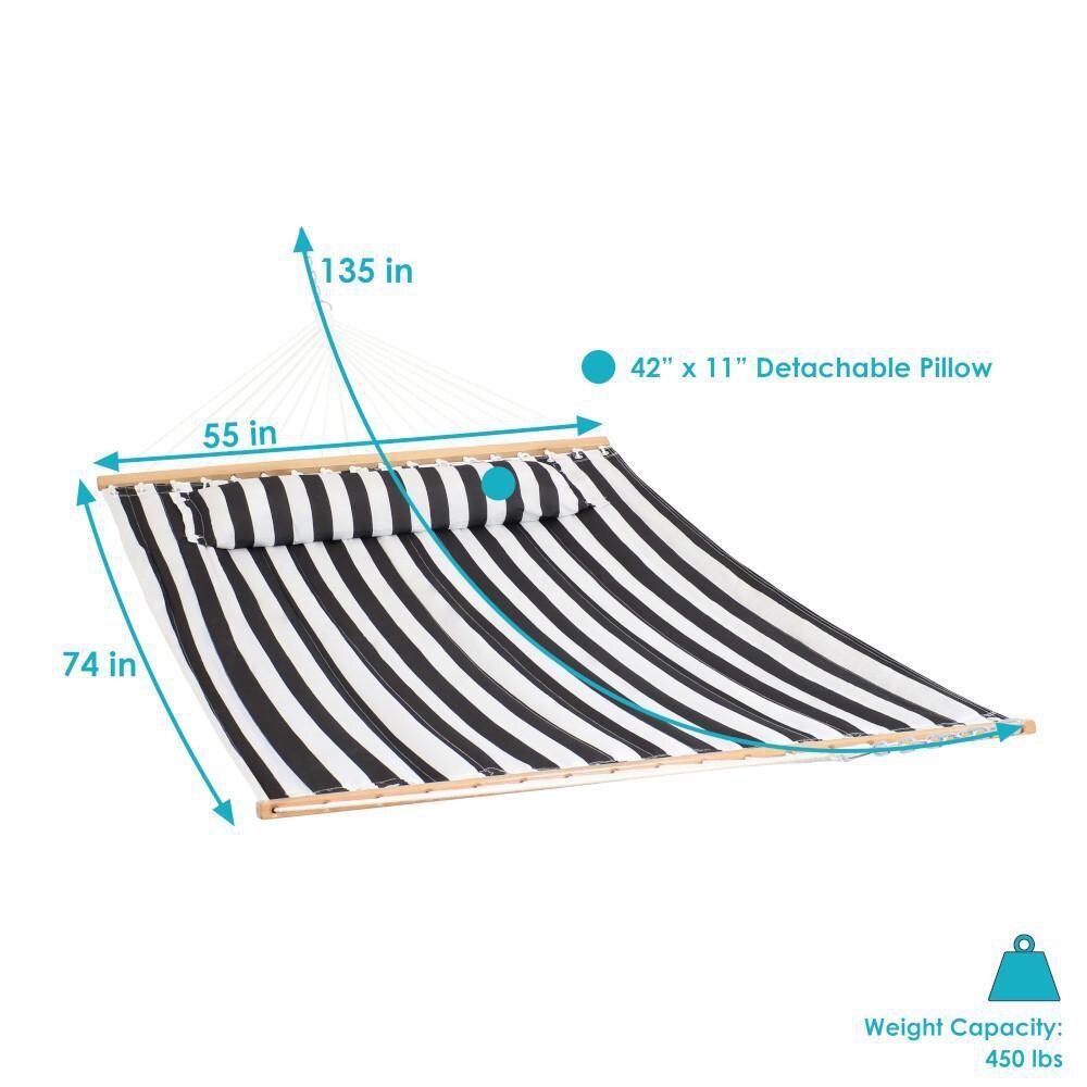 Ultimate Patio Quilted Double Hammock w/ Pillow - Black & White Stripe - Dimensions thumbnail