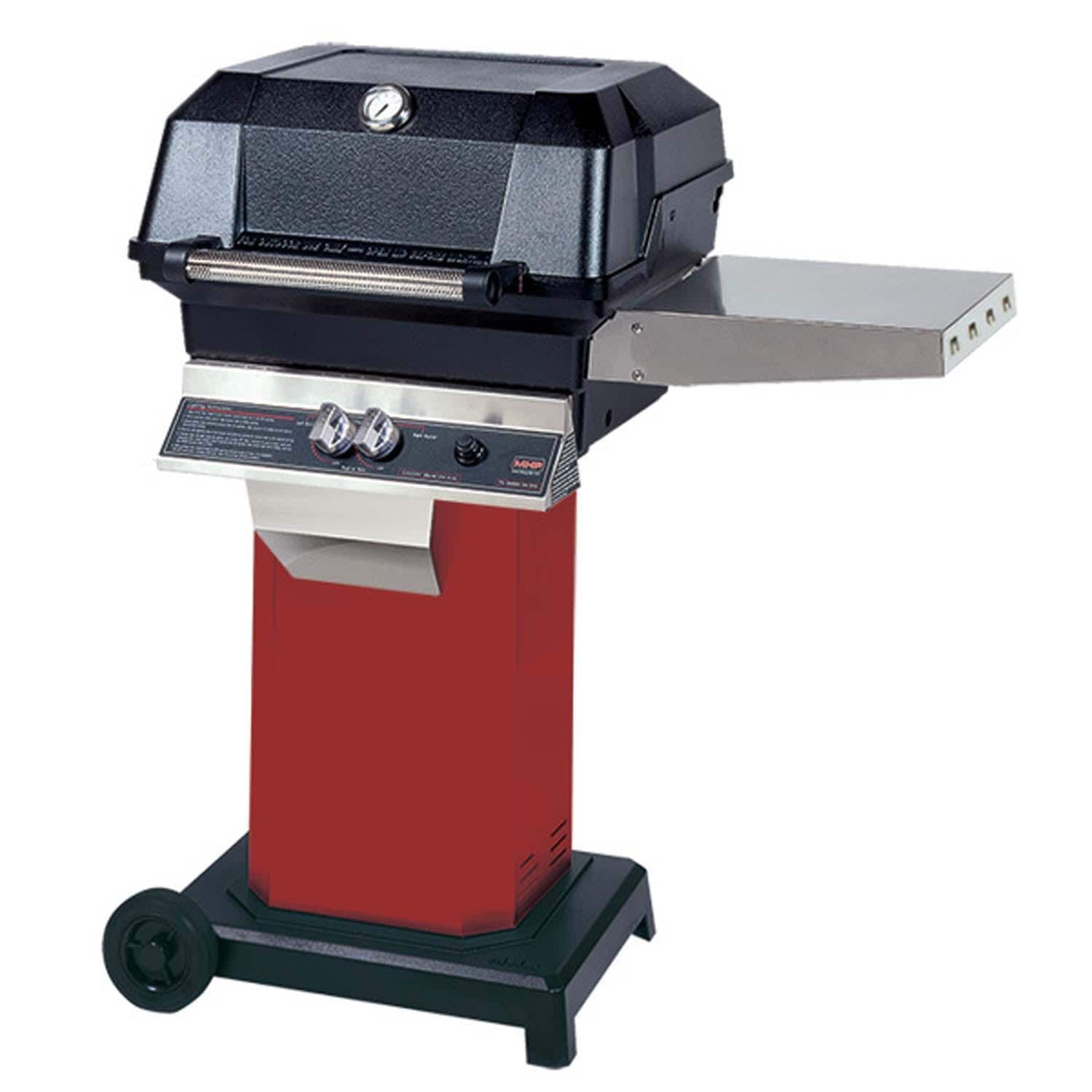 MHP JNR Propane Grill Head w/ Drop Down Shelves on Ember Red Grill Column w/ Portable Base - White Background thumbnail