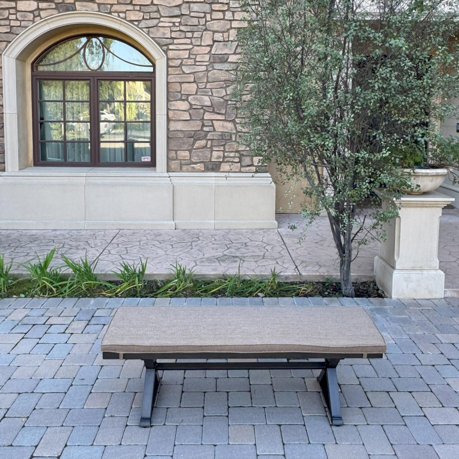 Brooklyn 5 Pc Aluminum Dining Set w/ 60 Inch Square Propane Fire Pit Table in Sesame/Multi-brown by Darlee - Bench w/ Cushion - Lifestyle thumbnail