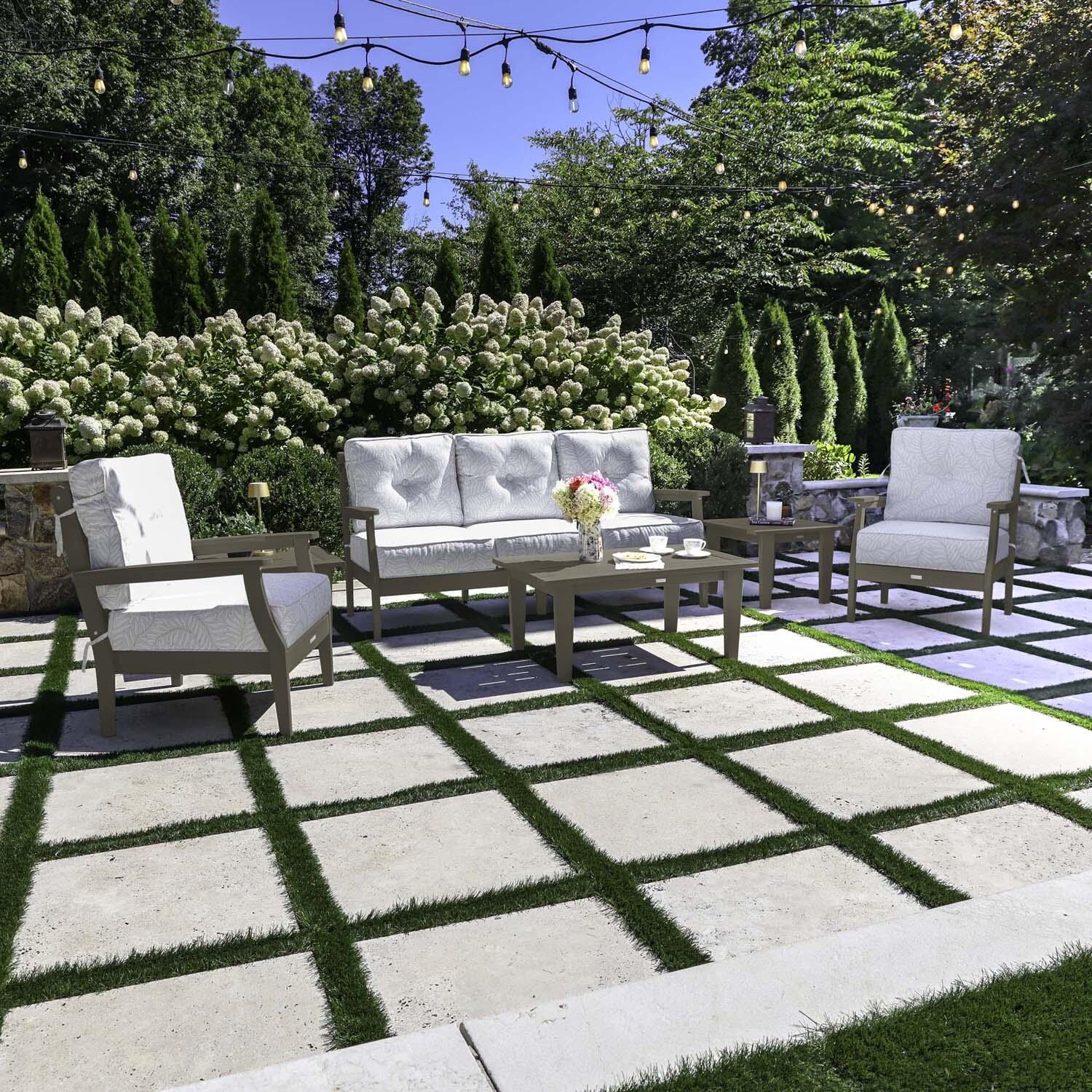 Blushing Bay 6 Pc Recycled Plastic Seating Set w/ Sofa in Lively Parchment/Woodland Brown by Lakeview Outdoor Designs - Lifestyle thumbnail