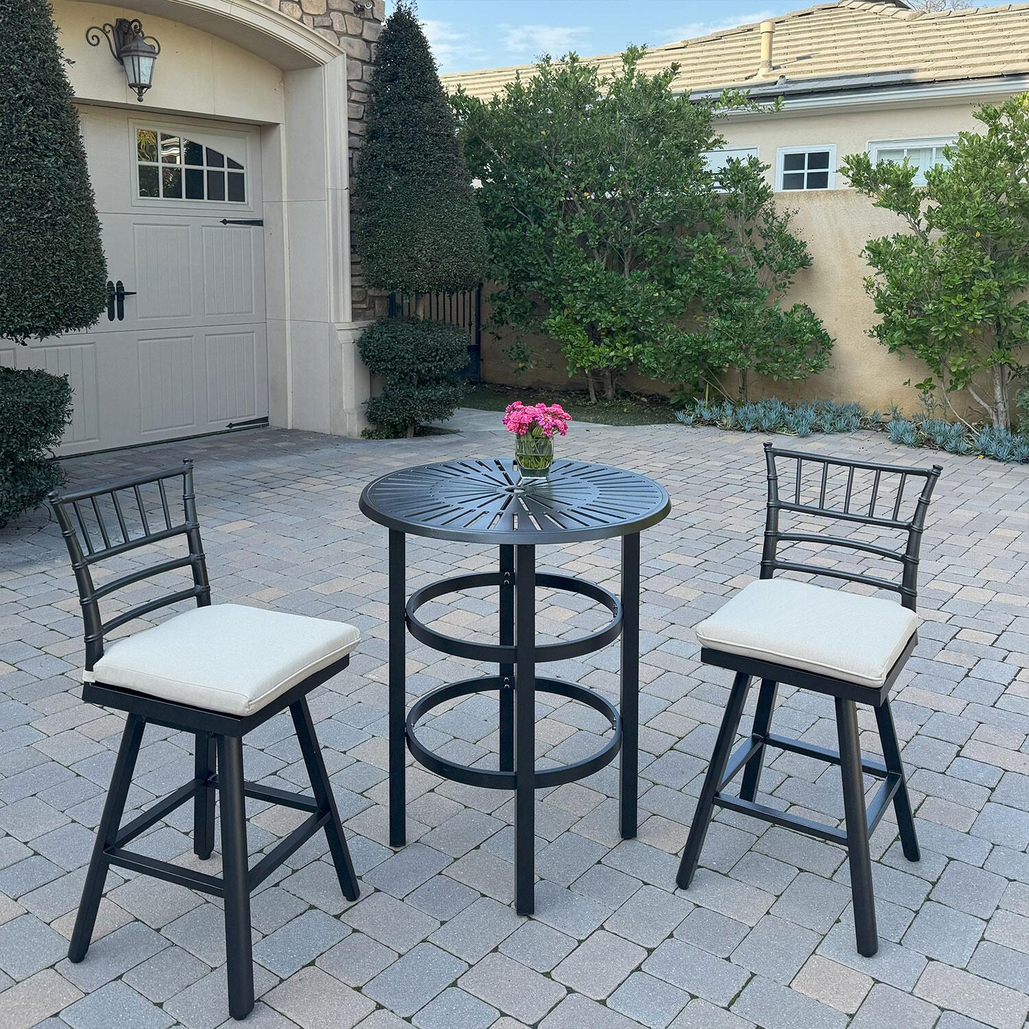 Bella Aluminum 3 Pc Patio Bar Set w/ 30-in Round Counter Height Bar Table in Beige by Darlee