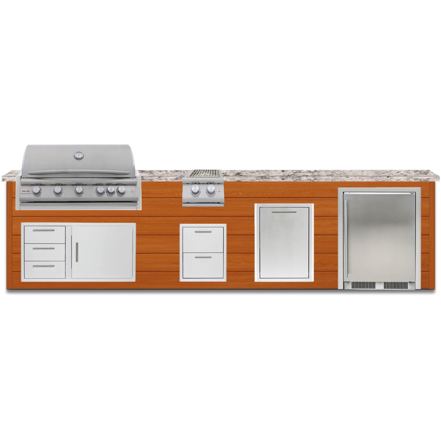 BBQGuys Signature 12 Ft Outdoor Kitchen Island w/ 40 Inch Propane Blaze LTE+ Grill, Double Side Burner, Refrigerator & Double Trash Bin | Chai Cedar w/ White Granite