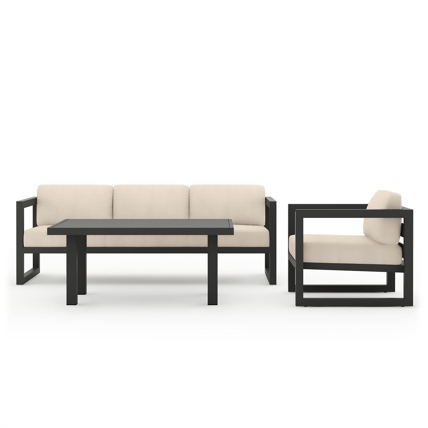 Misty Cove 3 Piece Seating Set in Slate w/Chat Table & Canvas Flax Cushions by Lakeview - Complete Set - White Background thumbnail