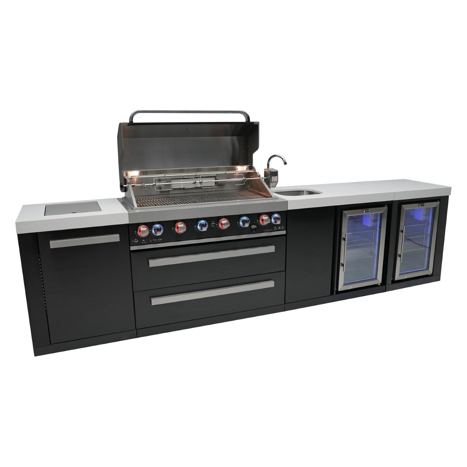 Mont Alpi - MAi805-BSSBEVFC - Deluxe Propane Gas Island Grill W/ Beverage Center, Refrigerator Cabinet, Infrared Side Burner, & Rotisserie Kit - Black Stainless Steel - Open With Burners Angled - White Background thumbnail