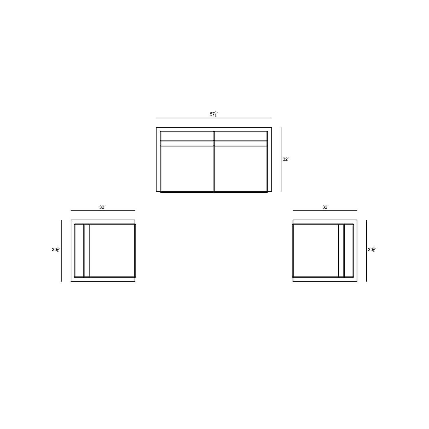 Misty Cove 3 Pc Aluminum Loveseat Seating Set w/ Swivel Chairs in Black/Canvas Charcoal by Lakeview Outdoor Designs - Top View - Dimensional thumbnail