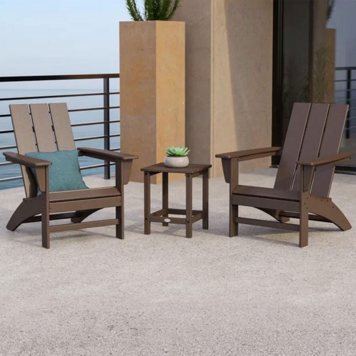 POLYWOOD Modern Mahogany 3-Piece Adirondack Set w/ Long Island 18-Inch Side Table - Balcony Patio - Lifestyle thumbnail