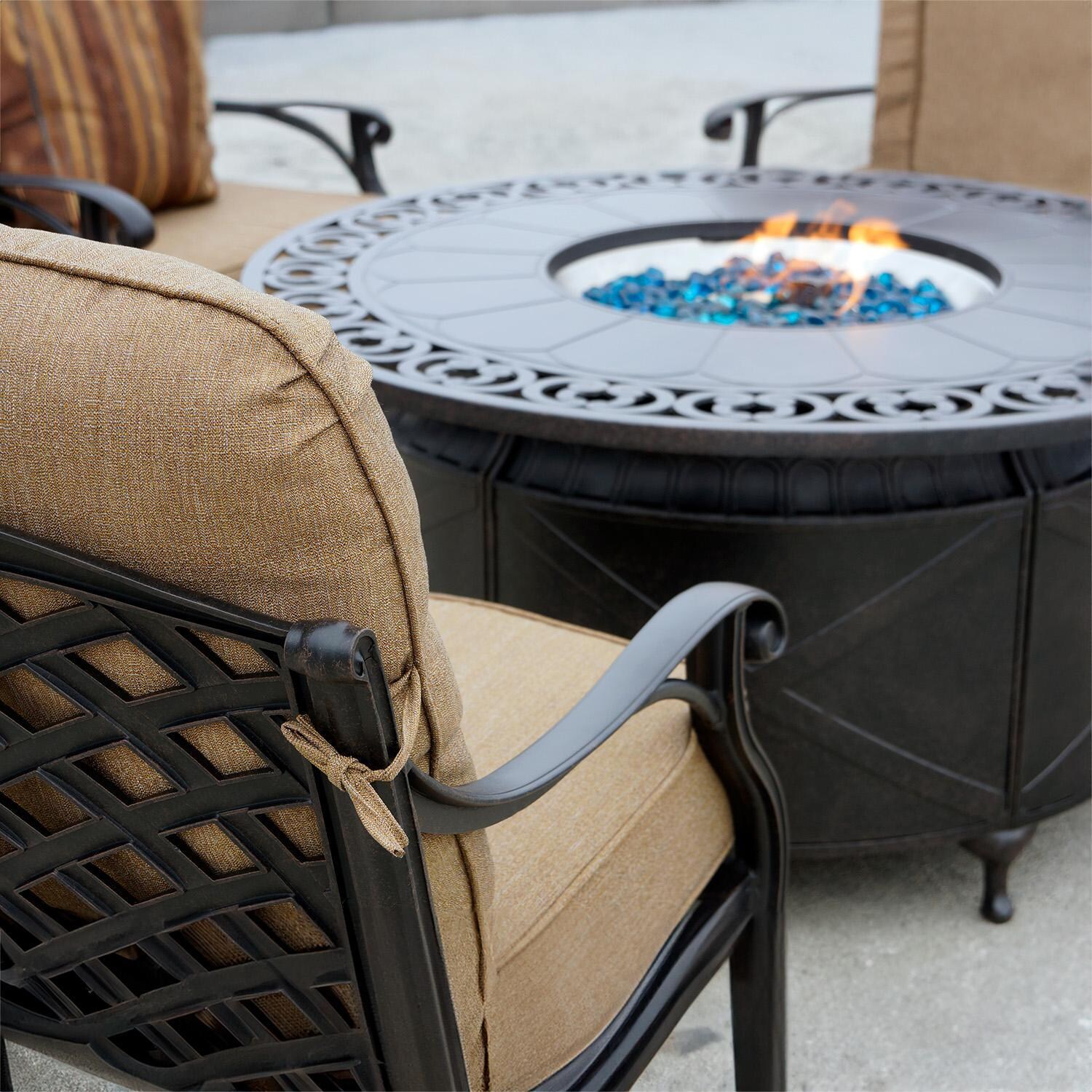 Darlee Nassau 5-Piece Patio Propane Fire Pit Conversation Set with Cushions and 47 Inch Round Fire Pit Chat Table and Fireglass - Chair Up Close - Lifestyle thumbnail