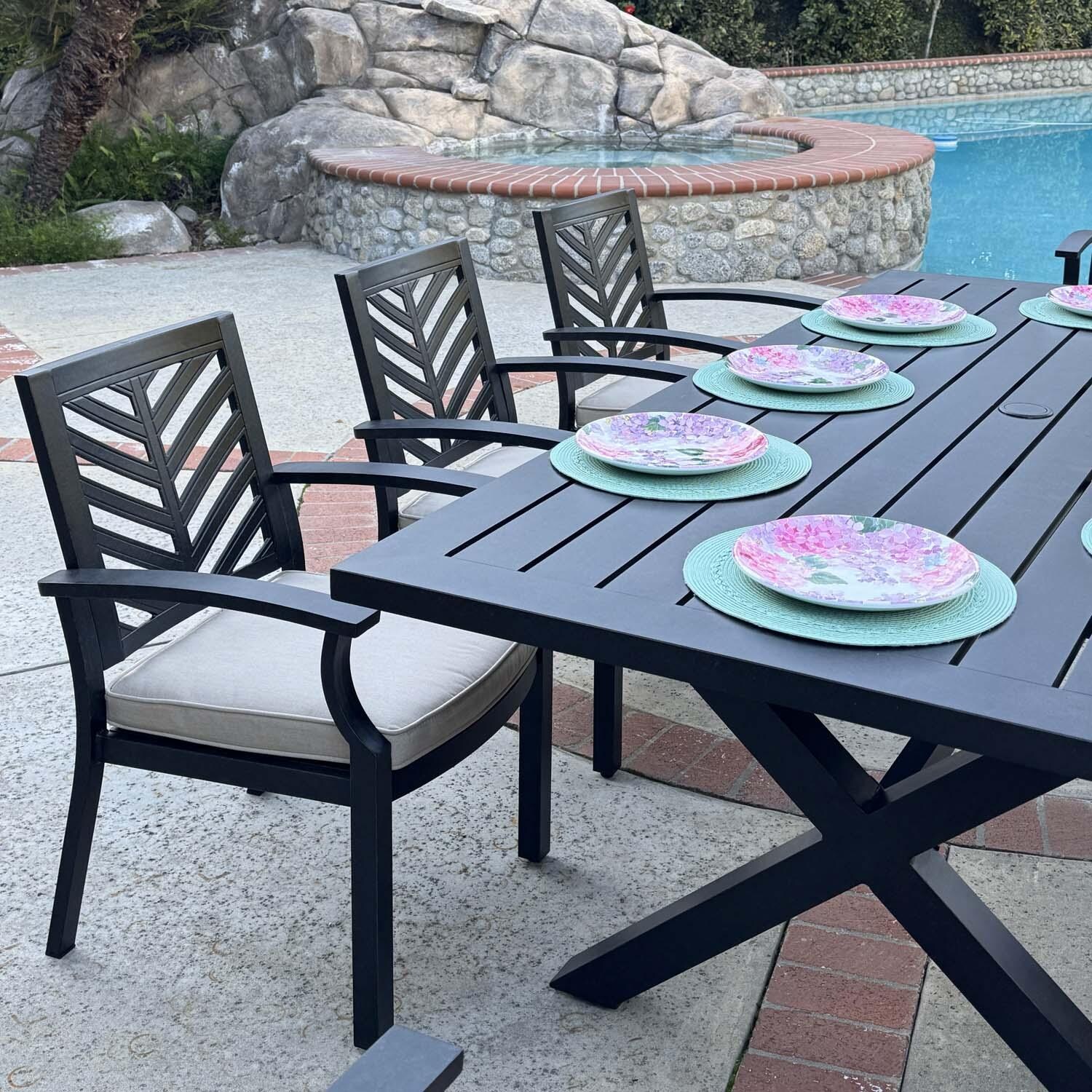 Palm Springs 9 Pc Aluminum Dining Set w/ 88" x 44" Rectangular Dining Table in Antique Bronze/Beige by Darlee - Close Up - Lifestyle thumbnail