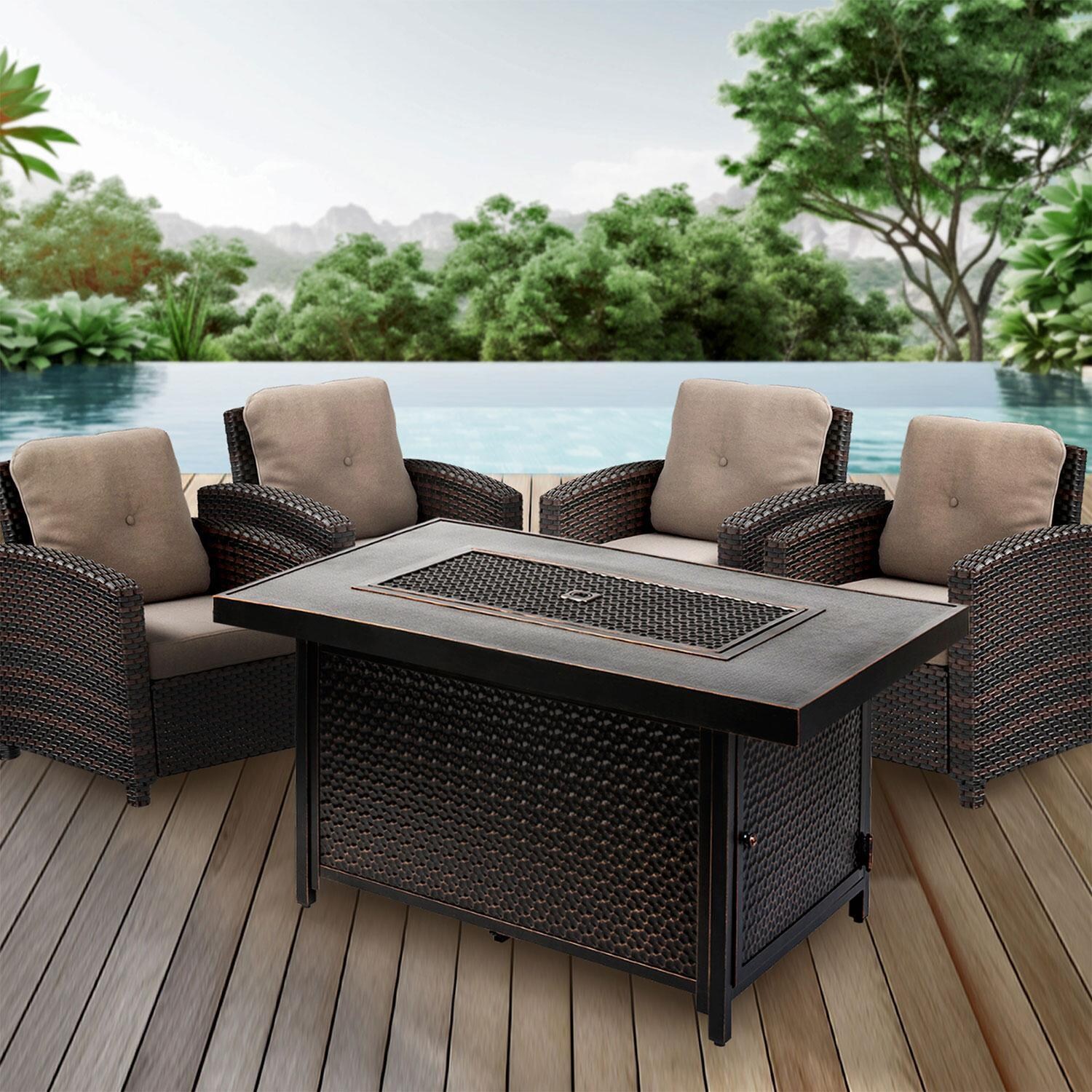 La Flore 5 Pc Resin Wicker Fire Pit Seating Set in Mocha by Ultimate Patio - Set By Pool - Lifestyle thumbnail