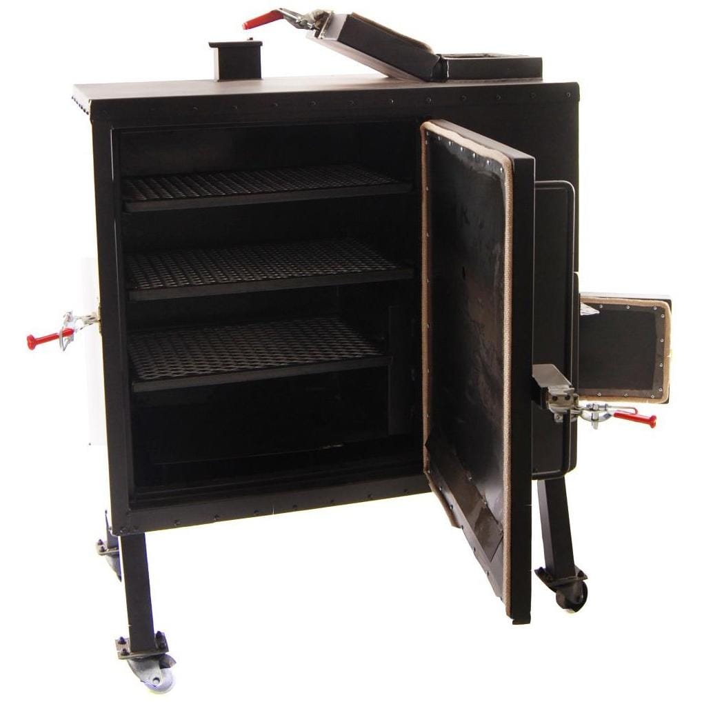 Old Country BBQ Pits GF-L-34X40 Insulated Gravity Fed Charcoal Smoker - Angled Open - White Background thumbnail