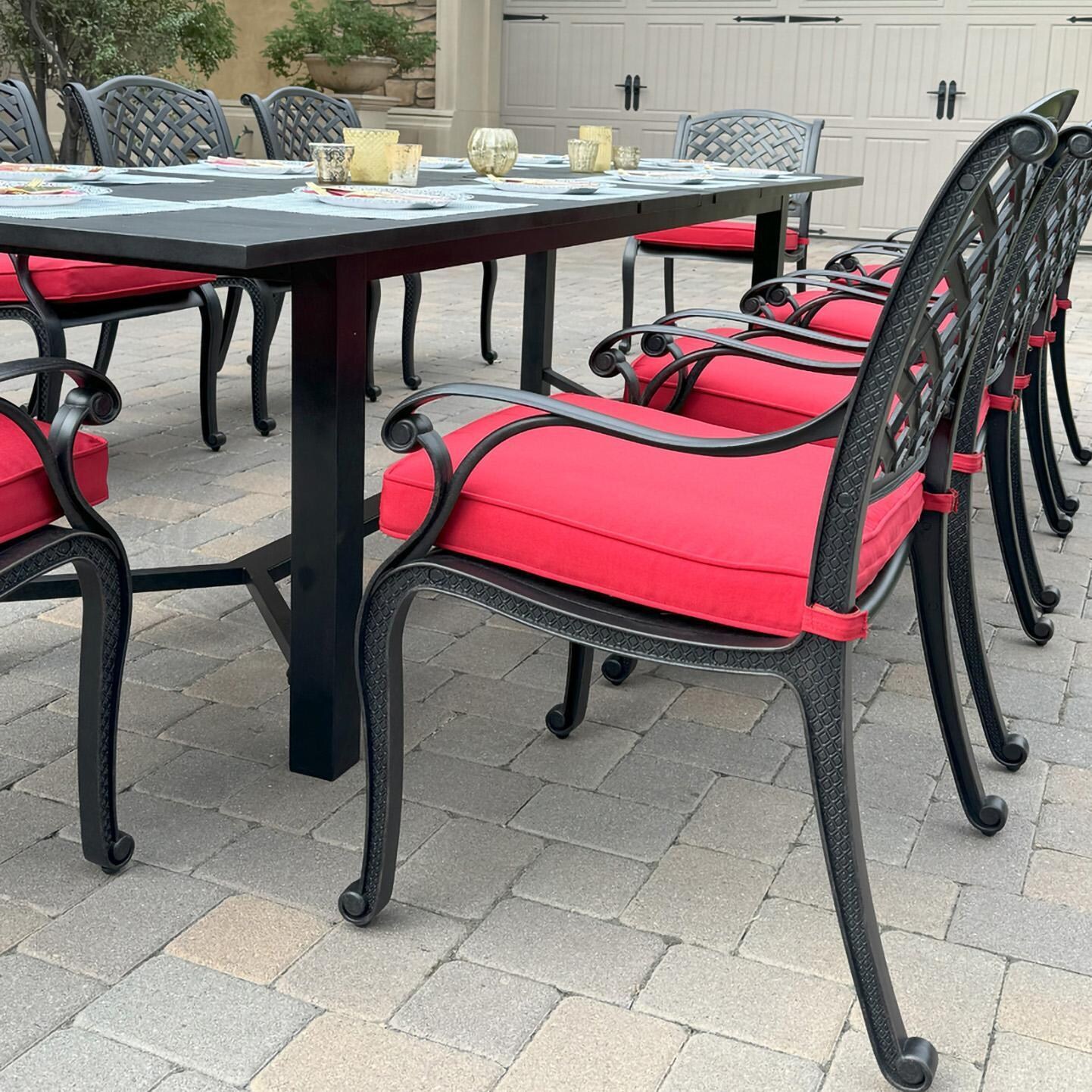 Darlee B/DL13-11PCD-2350LE-R Nassau 11 Pc Cast Aluminum Dining Set in Antique Bronze w/ Red Cushions - Chair Angle - Lifestyle thumbnail