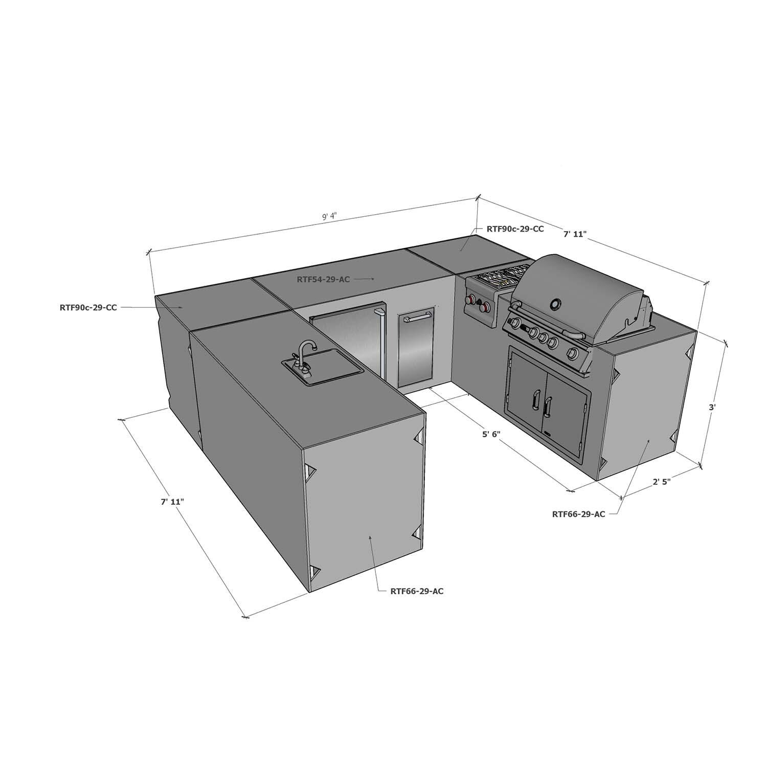 Universal 8 ft X 9.5 ft X 8 ft Ready To Finish U-Shaped Outdoor Kitchen System Appliance and Storage Cabinets - W/Appliances - Dimensional thumbnail