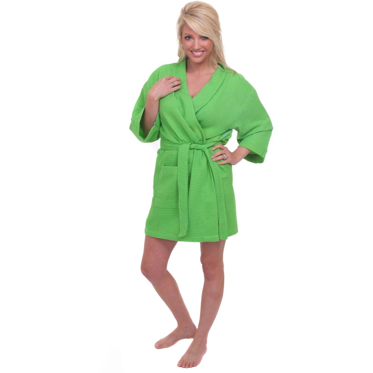 Terry Town Thigh Length Waffle Weave Kimono Robe - Lime