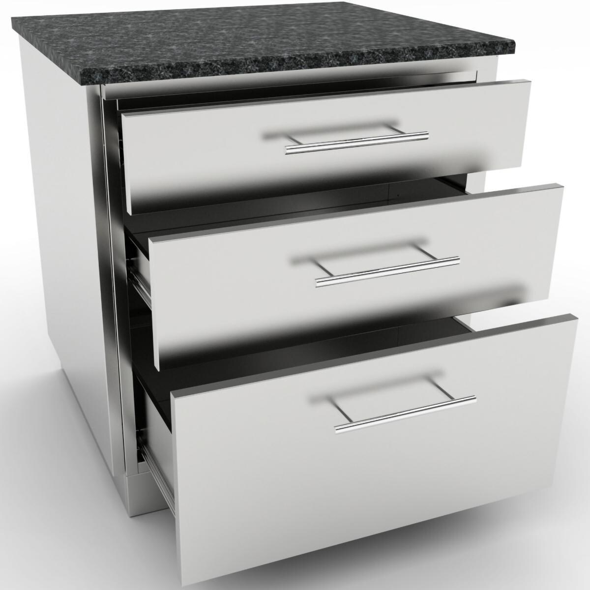 Sunstone SBC30STD 30-in Outdoor Kitchen Triple Drawer Island Cabinet - Shown Finished With Countertop And End Panels (Not Included) - White Background thumbnail