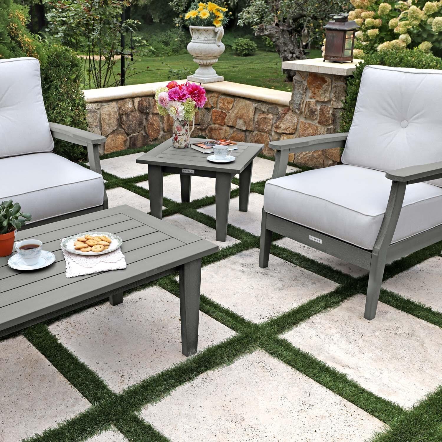 Blushing Bay 4 Pc Recycled Plastic Seating Set in Bliss Linen/Coastal Teak by Lakeview Outdoor Designs - Close Up End Table - Lifestyle thumbnail