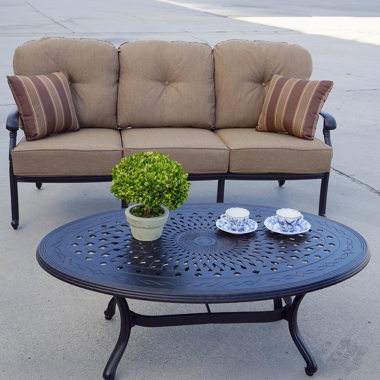 Darlee Santa Monica 3 Person Cast Aluminum Sofa in Antique Bronze/Sesame - On Patio w/ Table - Lifestyle thumbnail