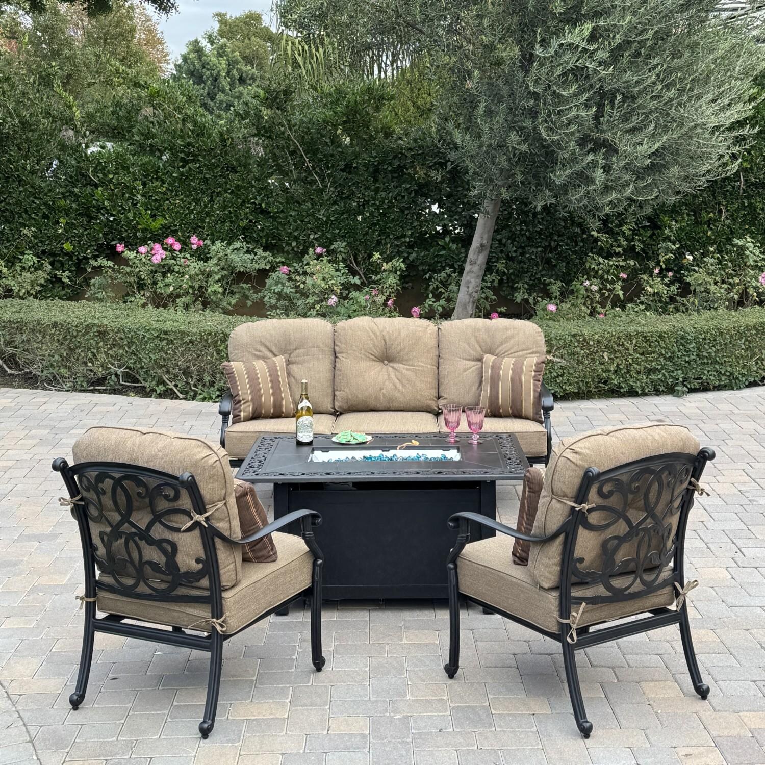 Santa Monica 4 Pc Cast Aluminum Seating Set w/ 49 X 35 Inch Fire Pit Table in Sesame/Antique Bronze by Darlee - Hero - Lifestyle thumbnail