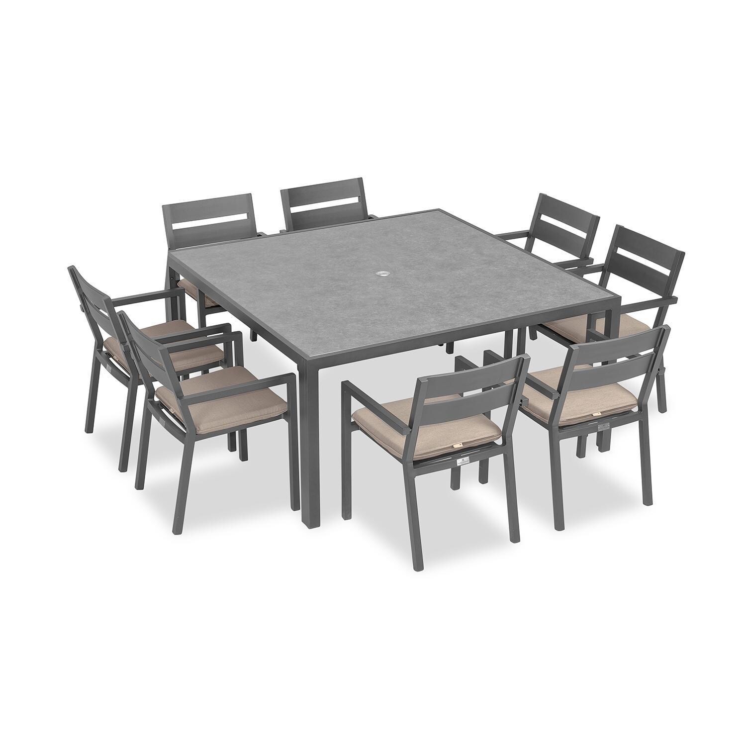 Calm Bay 9 Pc Square Aluminum Dining Set in Slate/Canvas Flax by Lakeview Outdoor Designs