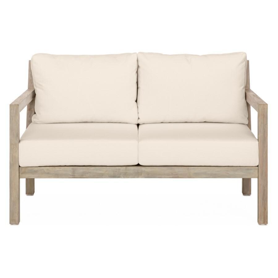 Monday Brushed Teak Patio Loveseat in Sand By Teak + Table