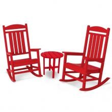 Presidential Recycled Plastic Wood 3 Piece Patio Rocking Chair Set By POLYWOOD W/ 18 Inch Round End Table - Sunset Red