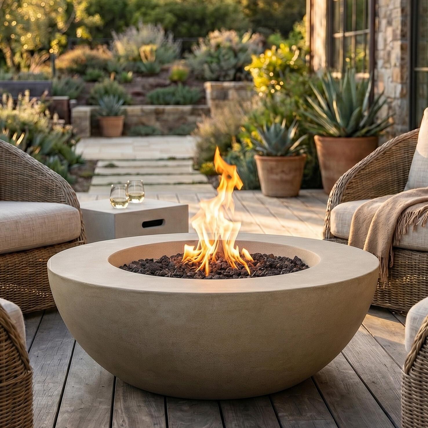Glenwood 42-in Round Bowl Concrete Natural Gas Fire Pit w/ Push Button Ignition in Sand by Lakeview Outdoor Designs - Lifestyle thumbnail