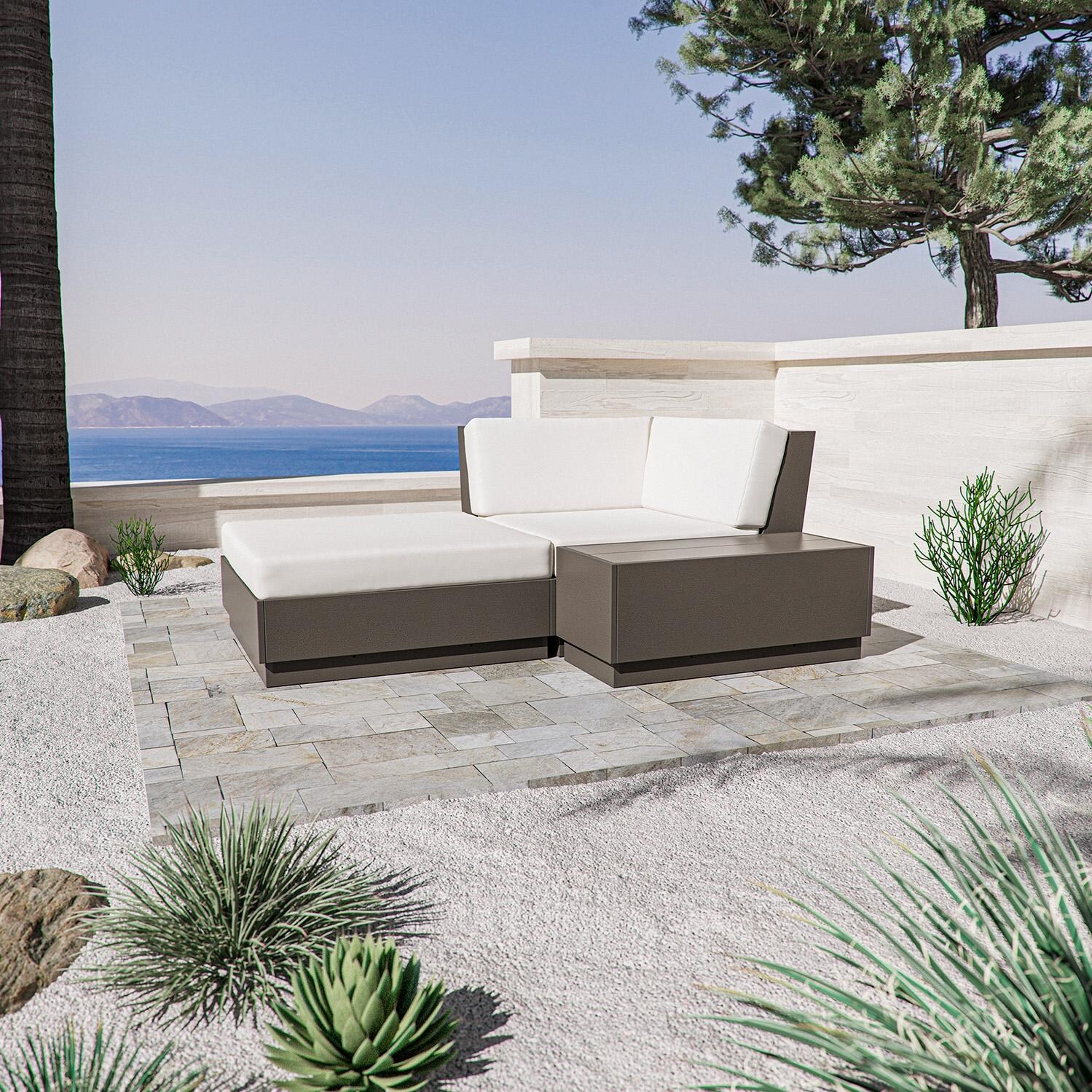 Elevate 3 Pc Recycled Plastic Corner Chaise Lounge Seating Set in Vintage Coffee/Weathered Tweed By PW Designer Series - Shown in Vintage Coffee/Natural Linen Finish - Lifestyle thumbnail