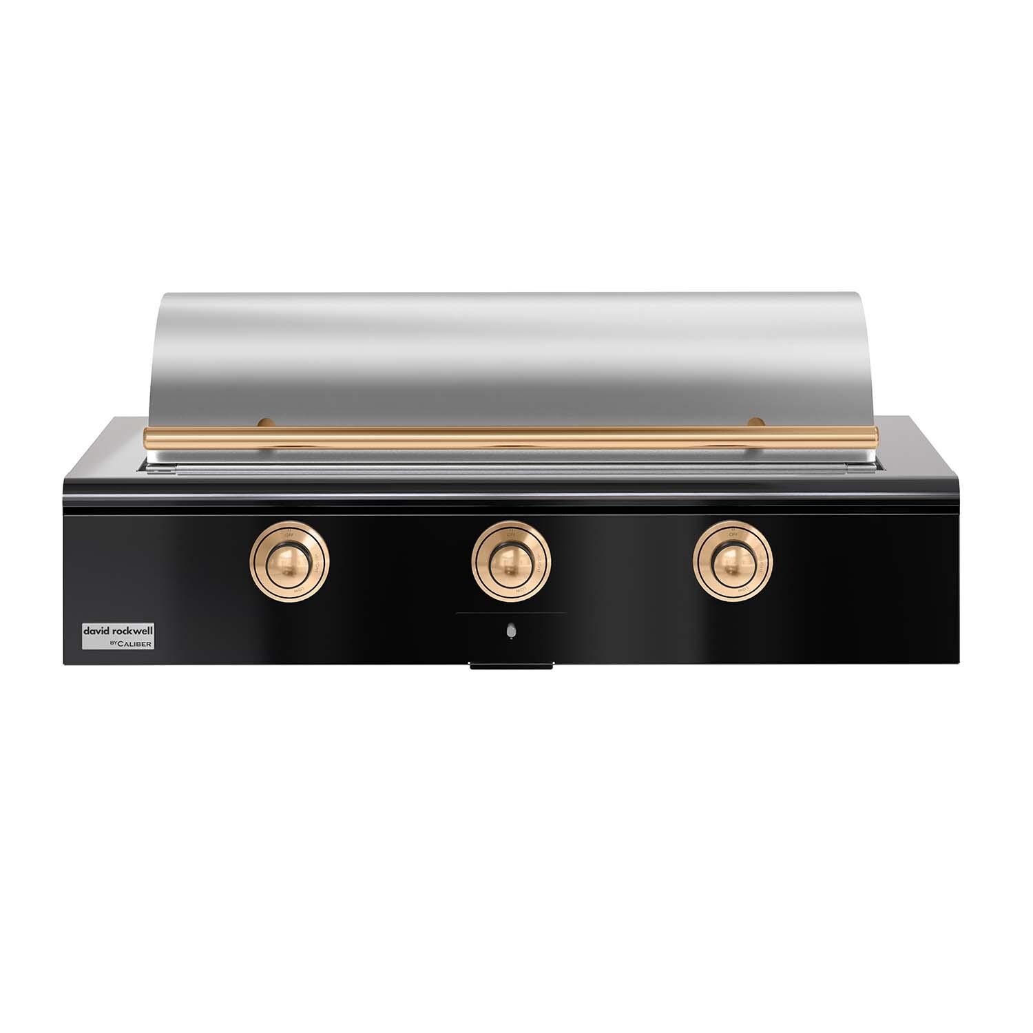 Caliber CRG-48BN00-A-044-H08 48-in Natural Gas Built-In Rockwell Grill - Gloss Black w/ Gold Hardware - Closed Lid - White Background thumbnail