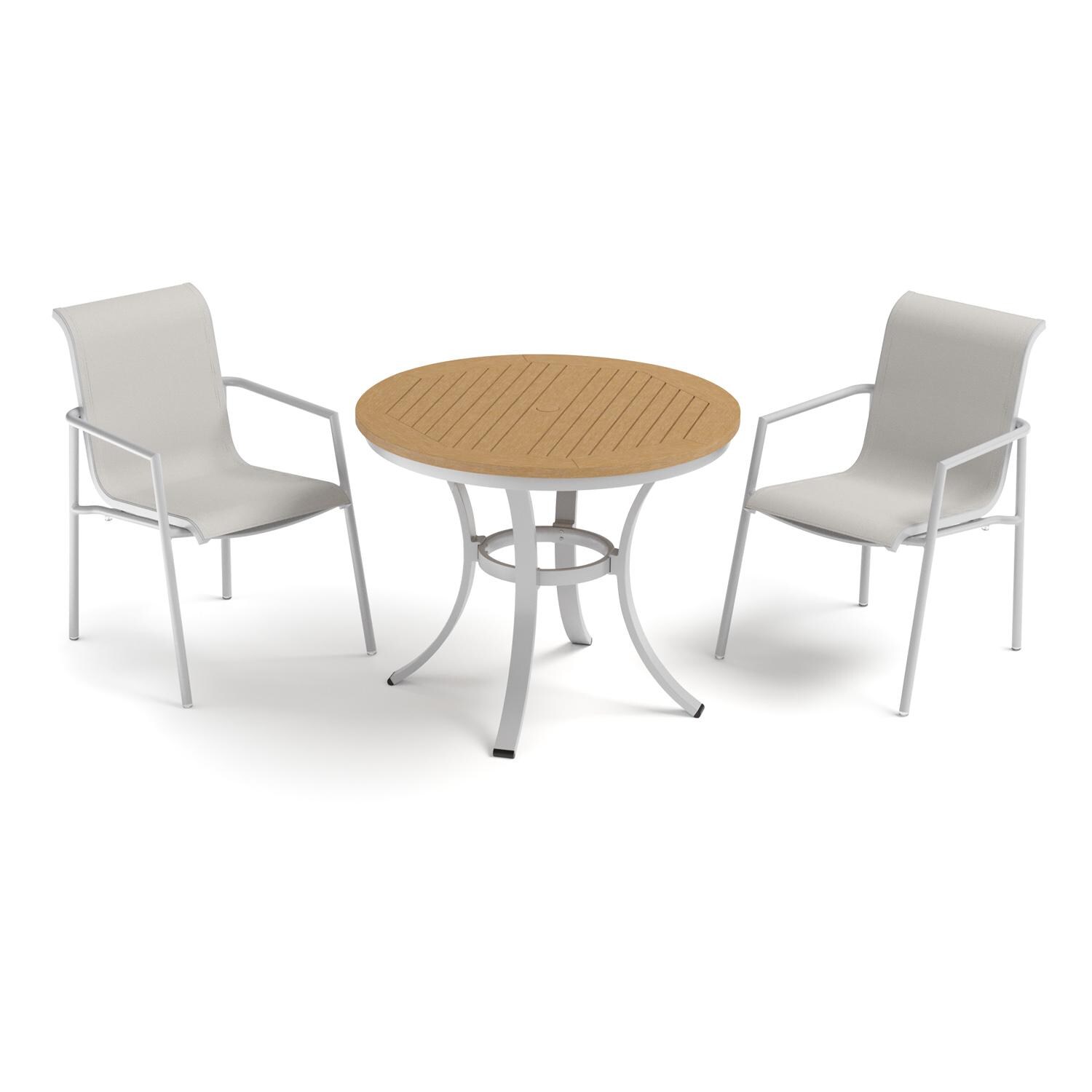 Oxford Garden Orso 3 Pc Soft Sling & Aluminum Arm Chair Bistro Set W/ Natural Tekwood Table Top in Flint/Fog - Front View thumbnail
