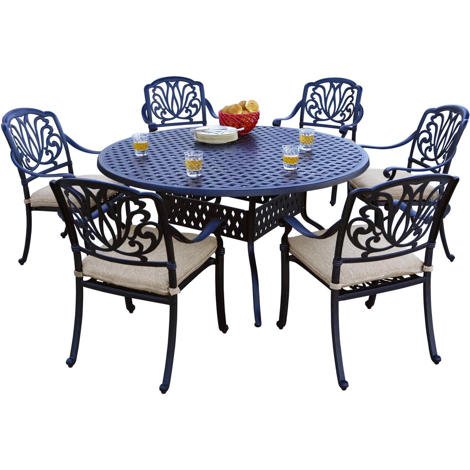 Darlee Elisabeth 7 Pc Cast Aluminum Dining Set w/ 60 Inch Series 30 Table in Antique Bronze/Beige Canvas by - B/DL707-7PC-30D