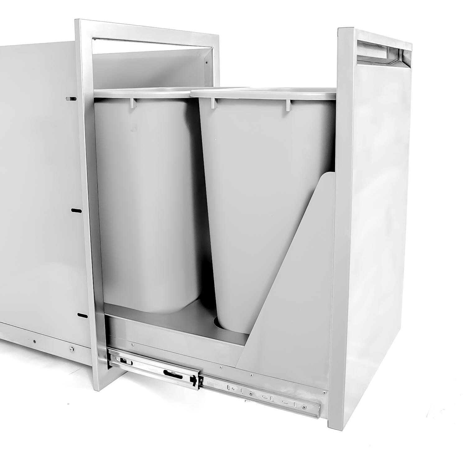 BBQGuys.com Aspen Series 19-Inch Roll-Out Double Stainless Steel Trash / Recycling Bin - Open View thumbnail