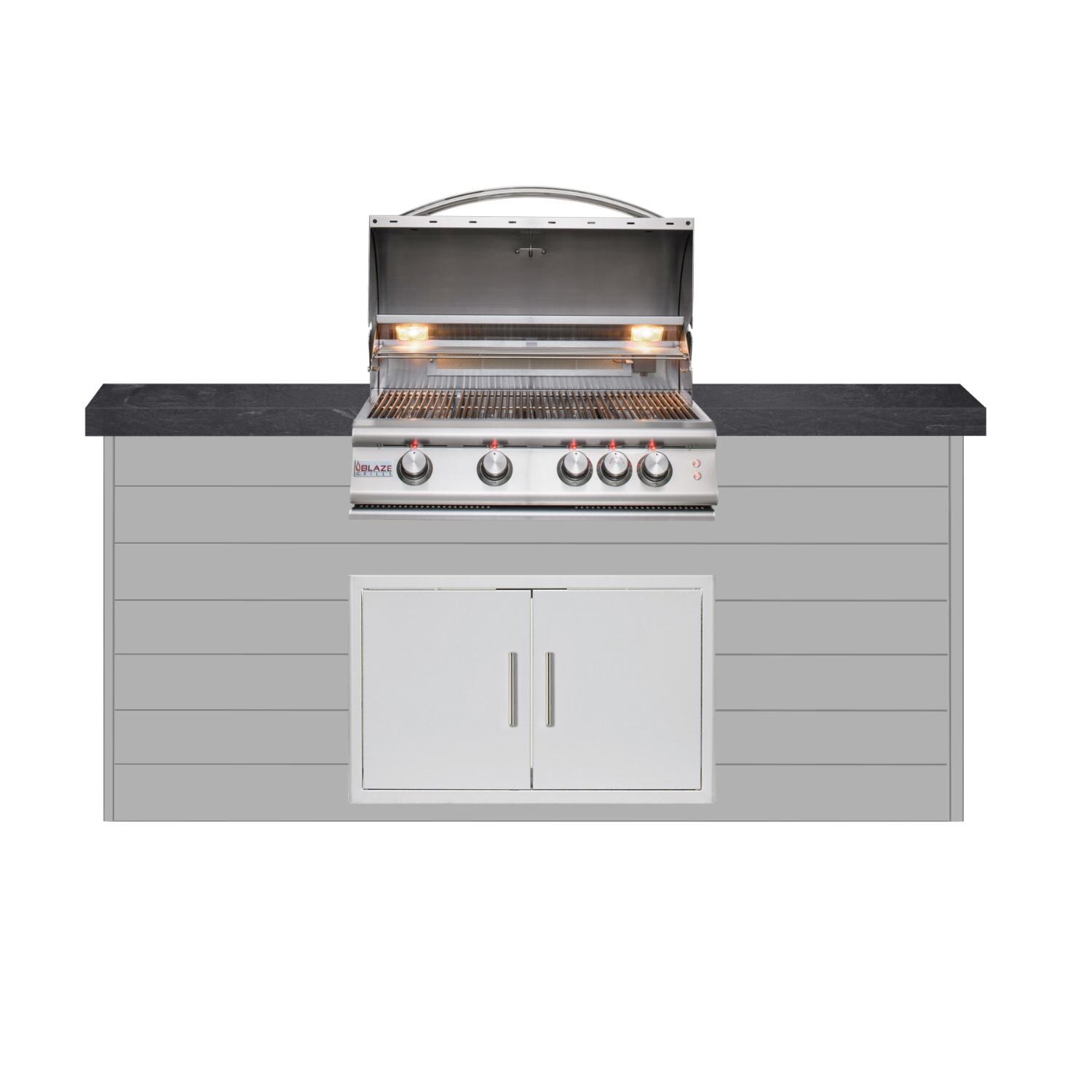 BBQGuys Signature 6ft Luxury Outdoor Island W/ Blaze Premium LTE 32-Inch Propane Grill & Double Access Door - Light Gray Steel W/ Black Polished Granite