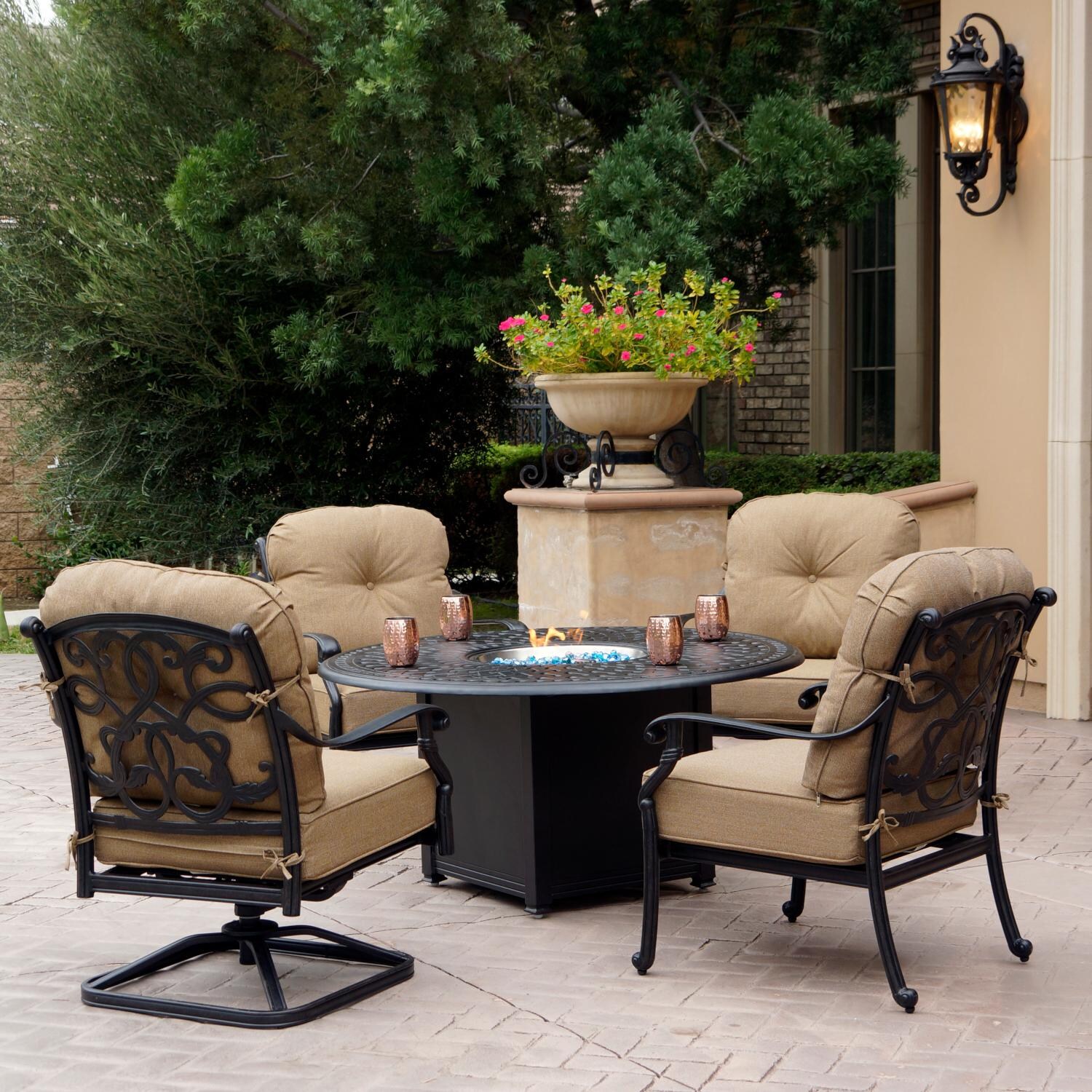 Darlee DL2056-5PC-60QB Santa Monica 5 Piece Cast Aluminum Patio Fire Pit Conversation Set W/ Sesame Cushions thumbnail