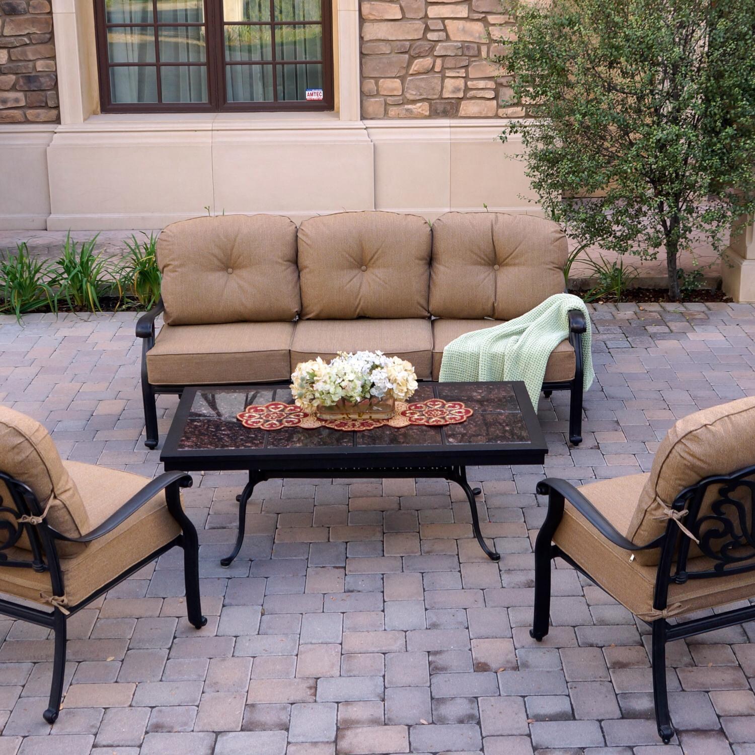 Darlee DL708-4PCS-77B Elisabeth 4 Piece Cast Aluminum Patio Conversation Set W/ Mocha Granite Top Coffee Table & Sesame Cushions  thumbnail