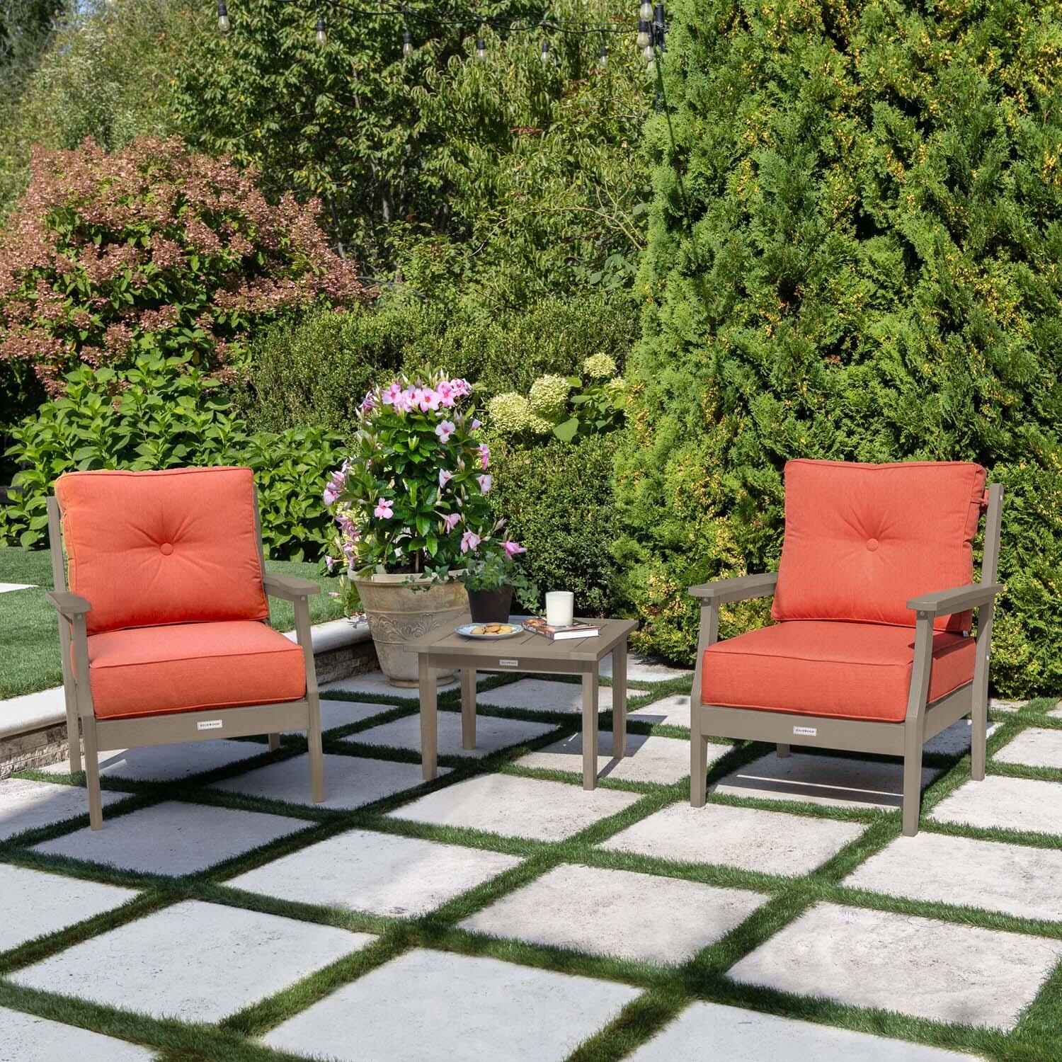 Blushing Bay 3 Pc Recycled Plastic Seating Set in Canvas Persimmon/Woodland Brown by Lakeview Outdoor Designs