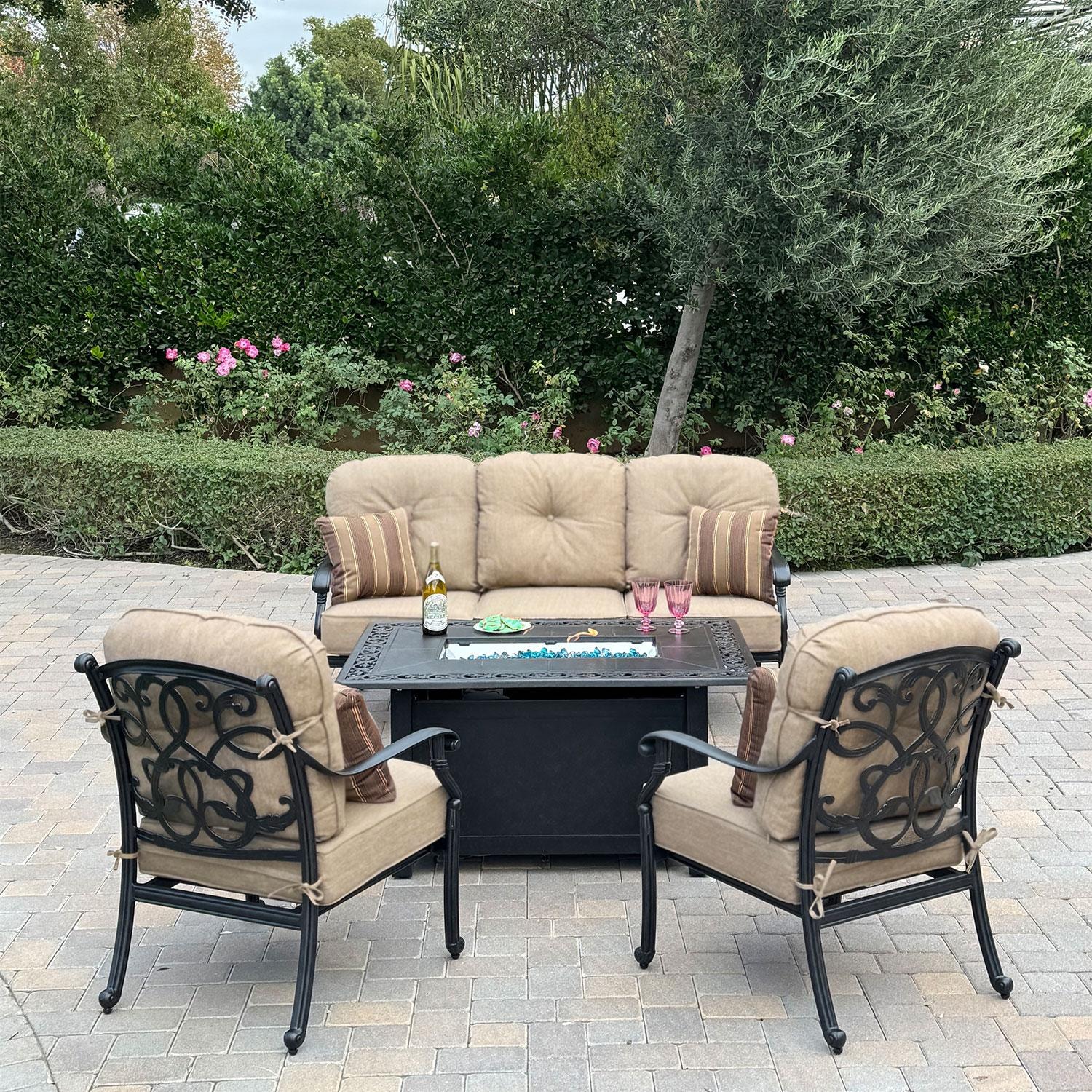 Darlee Santa Monica 4 Pc Cast Aluminum Fire Pit Seating Set w/ Club Chairs and Sofa in Antique Bronze/Beige Canvas by - B/DL2058-4PCSC-37QBSP