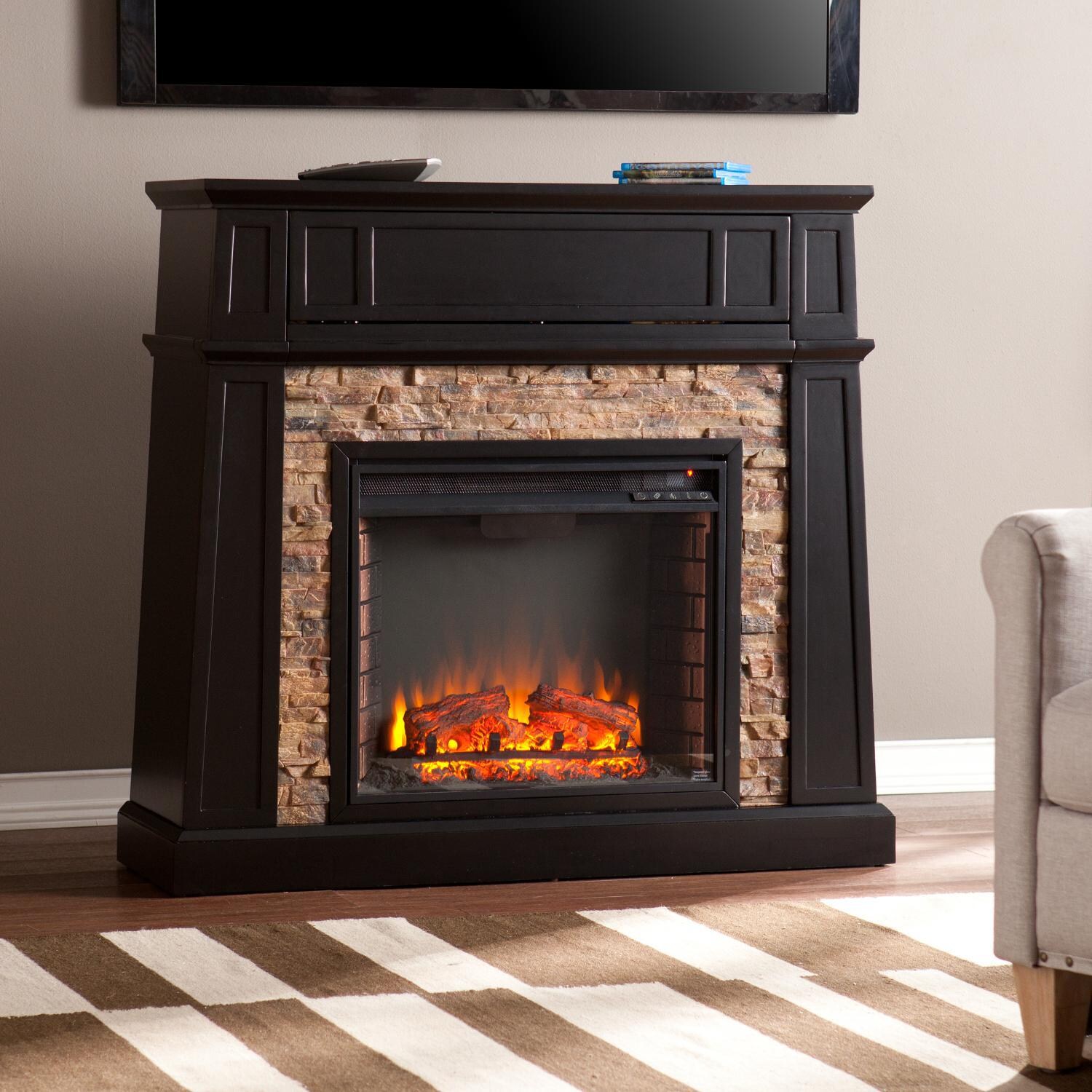 Southern Enterprises Crestwick 44-Inch Electric Fireplace Mantel Package - Black W/ Mesa Verde Faux Stone - FE9344