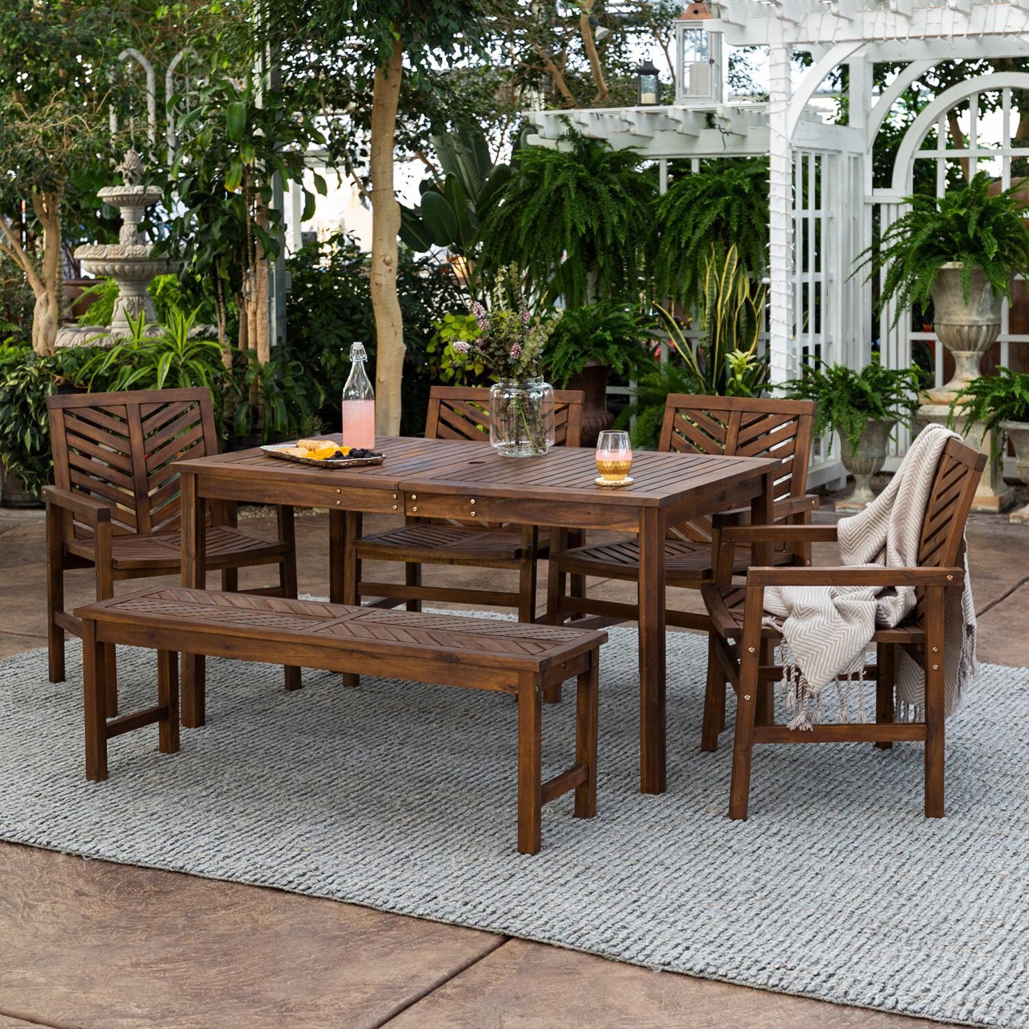 Walker Edison Vincent 6 Piece Acacia Patio Dining Set W/ 60 X 32 Inch Rectangular Table - Dark Brown image