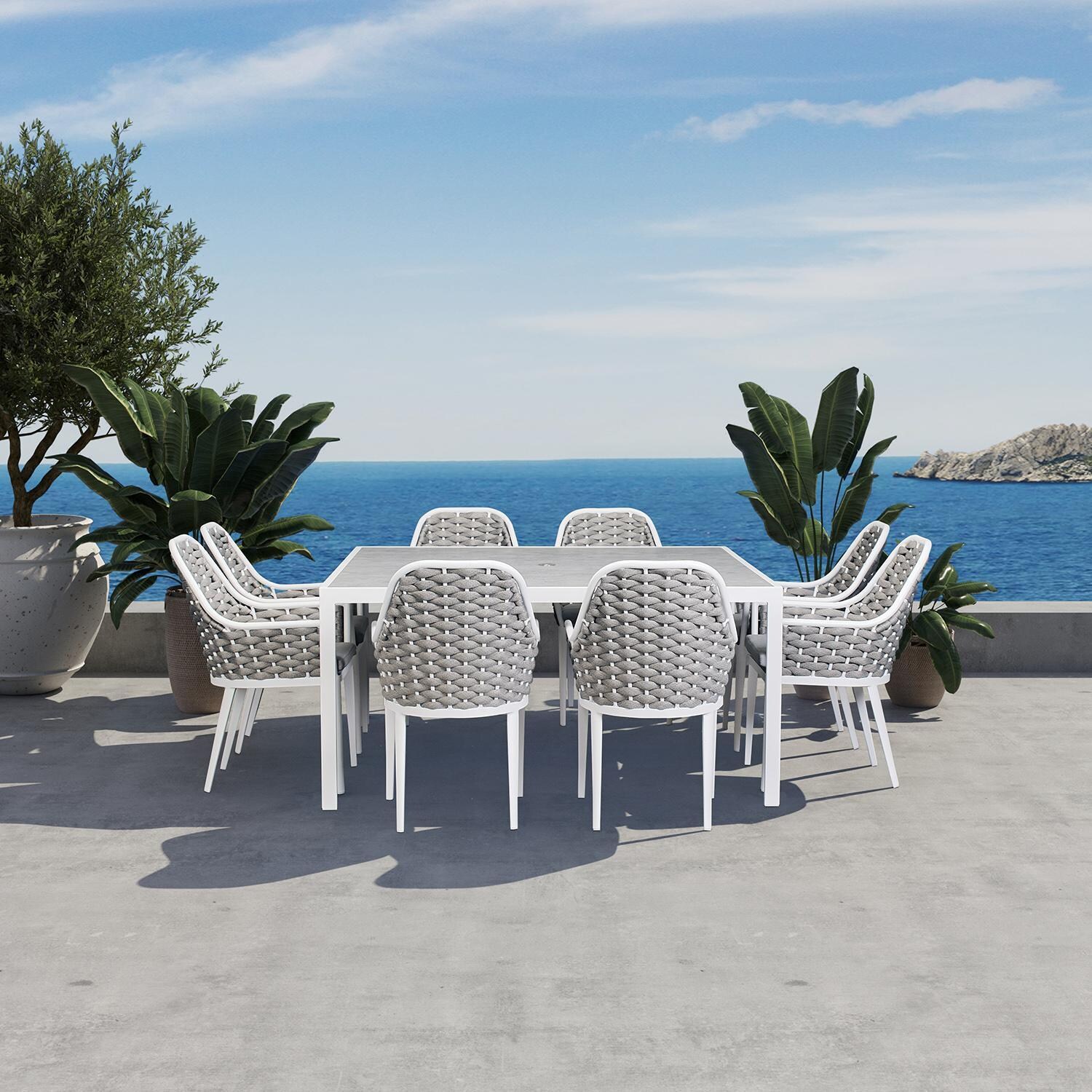 Chloe Bay 9 Pc Aluminum Square Dining Set in White by Lakeview Outdoor Designs