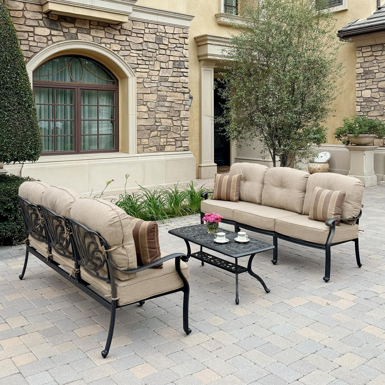 Darlee Elisabeth Cast Aluminum 3 Person Sofa in Antique Bronze/Beige - Shown as Set - Lifestyle thumbnail