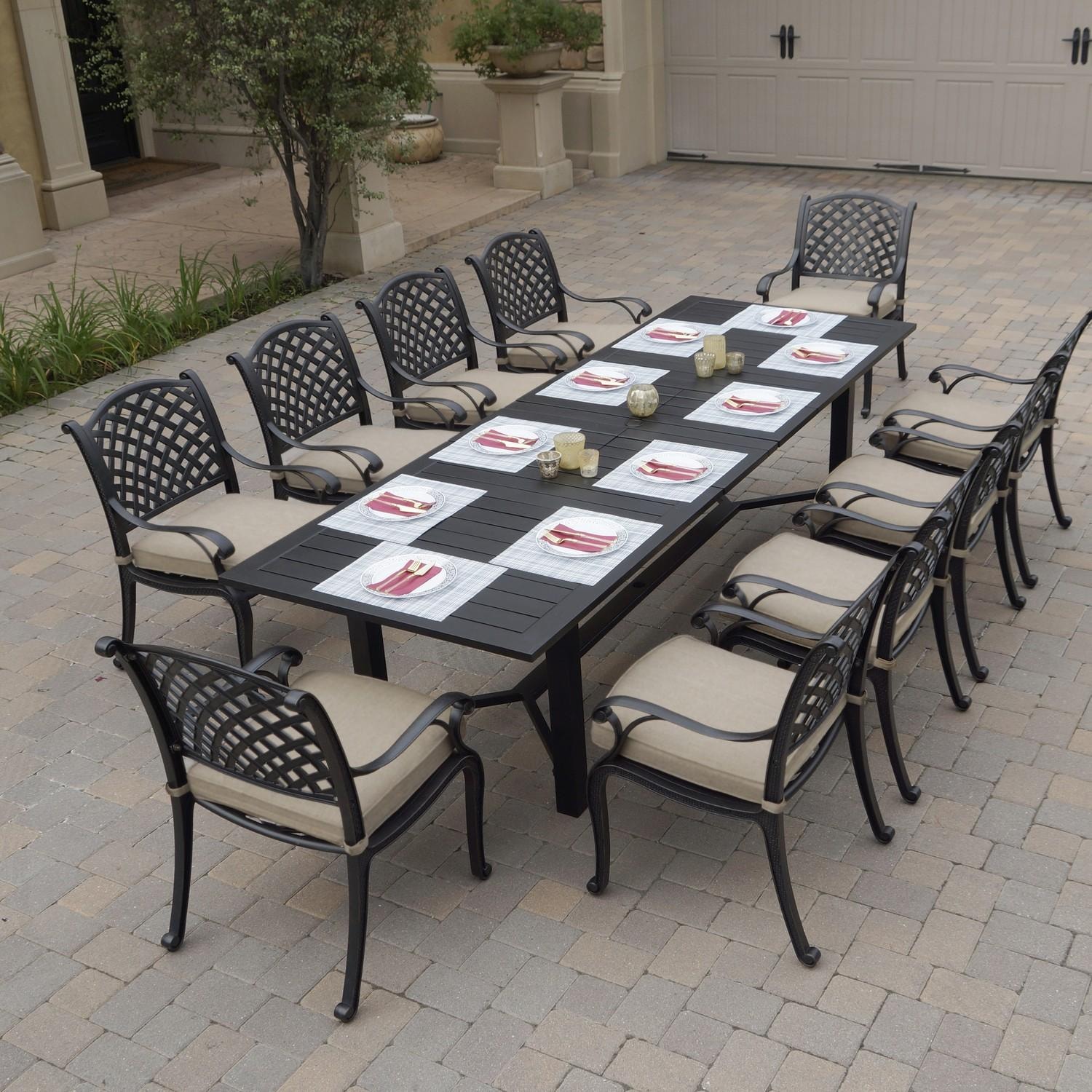 Darlee Nassau 11 Pc Cast Aluminum Dining Set in Antique Bronze w/ Beige Canvas Cushions By - B/DL13-11PCD-2350LE-S