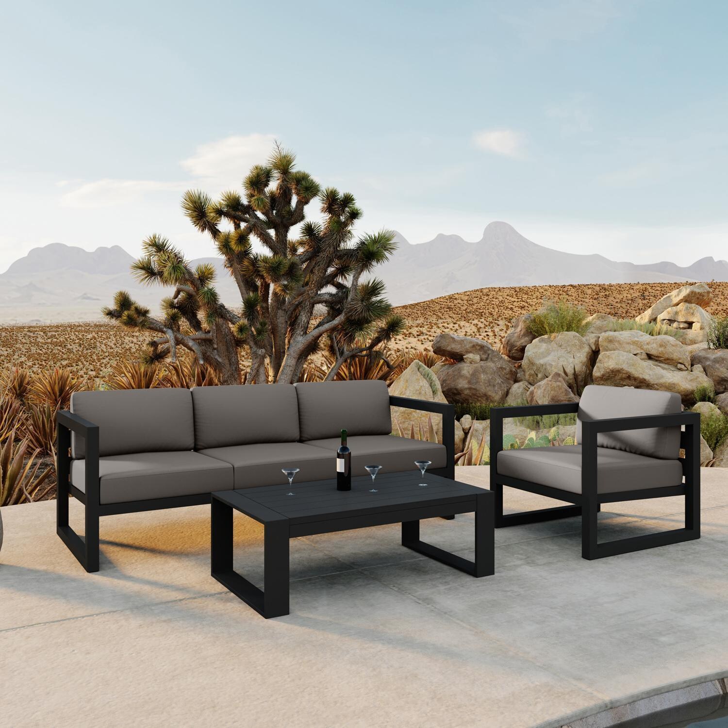 Misty Cove 3 Pc Aluminum Seating Set w/ Sofa & Portal Coffee Table in Black/Canvas Charcoal by Lakeview Outdoor Designs