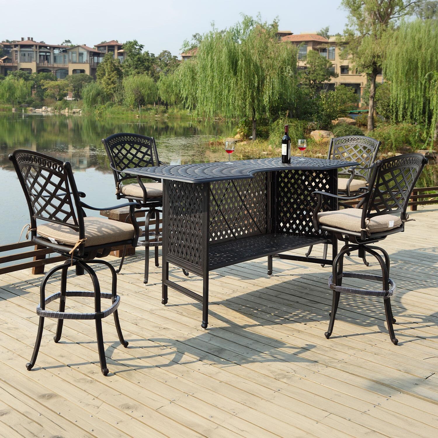 Sedona 5 Pc Cast Aluminum Bar Set w/ 82 X 30 Inch Series 60 Party Bar in Antique Bronze/Beige Canvas by Darlee