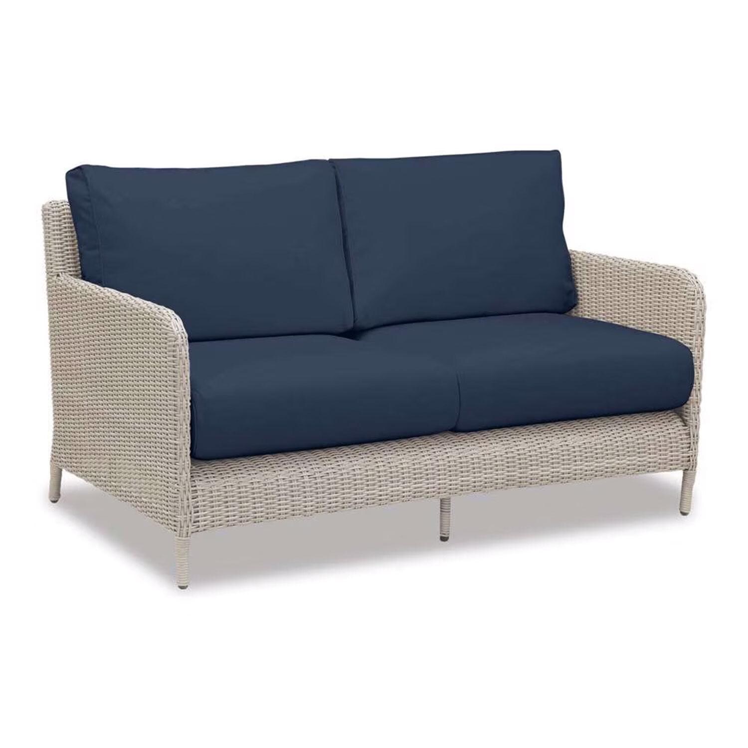 Manhattan Wicker Patio Loveseat in Spectrum Indigo w/ Self Welt By Sunset West - Display - White Background thumbnail