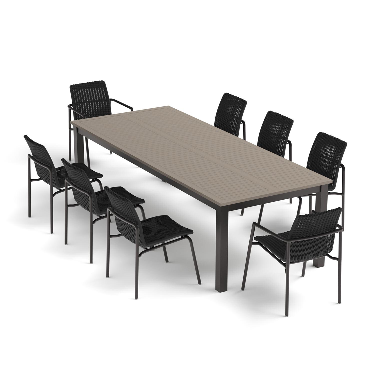 Oxford Garden Orso 9 Pc Wicker & Aluminum Dining Set W/ Vintage Tekwood Table Top in Carbon/Shadow - Top View thumbnail