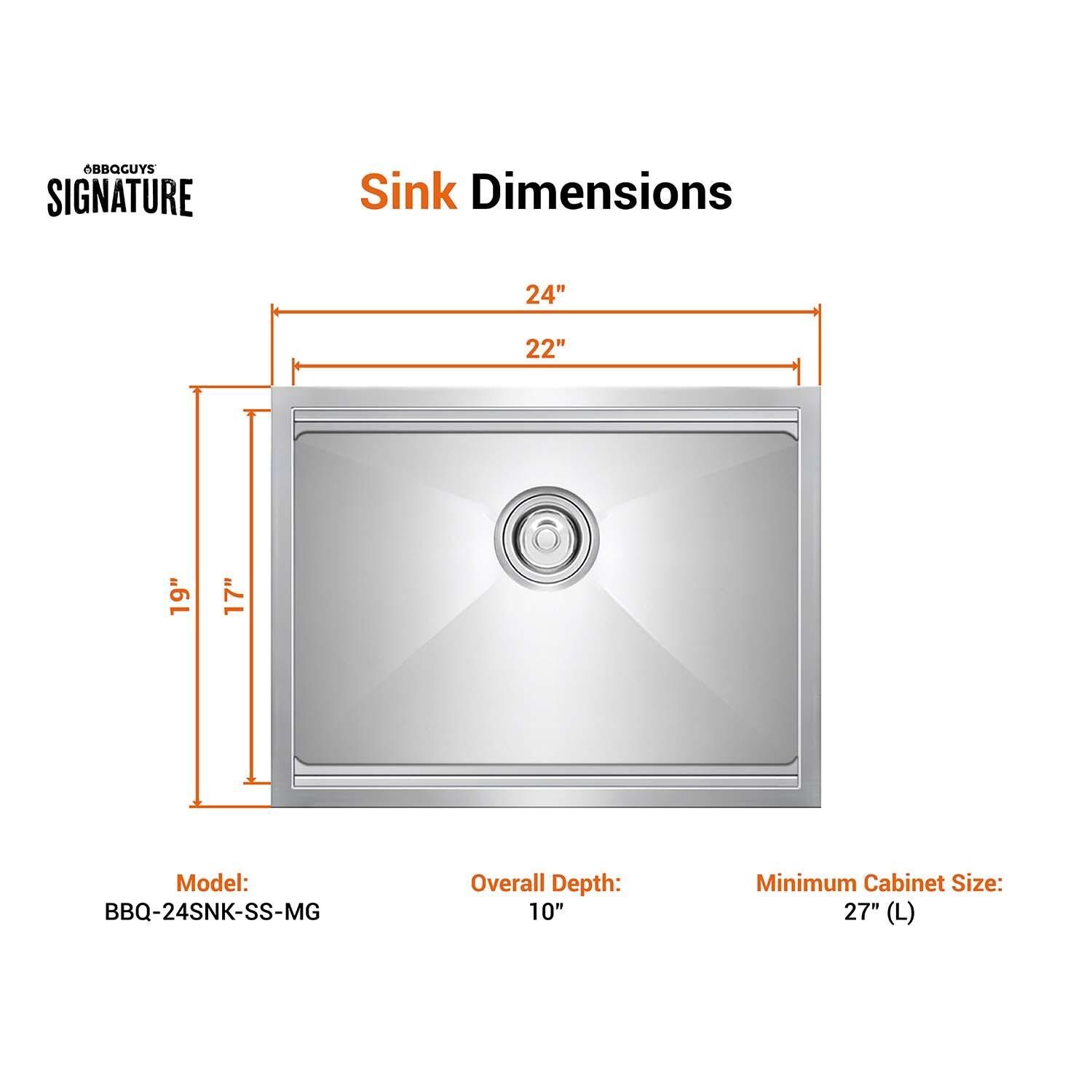 BBQGuys Signature BBQ-24SNK-SS-MG 24-in Undermount Marine Grade Stainless Steel Outdoor Sink - Dimensional thumbnail